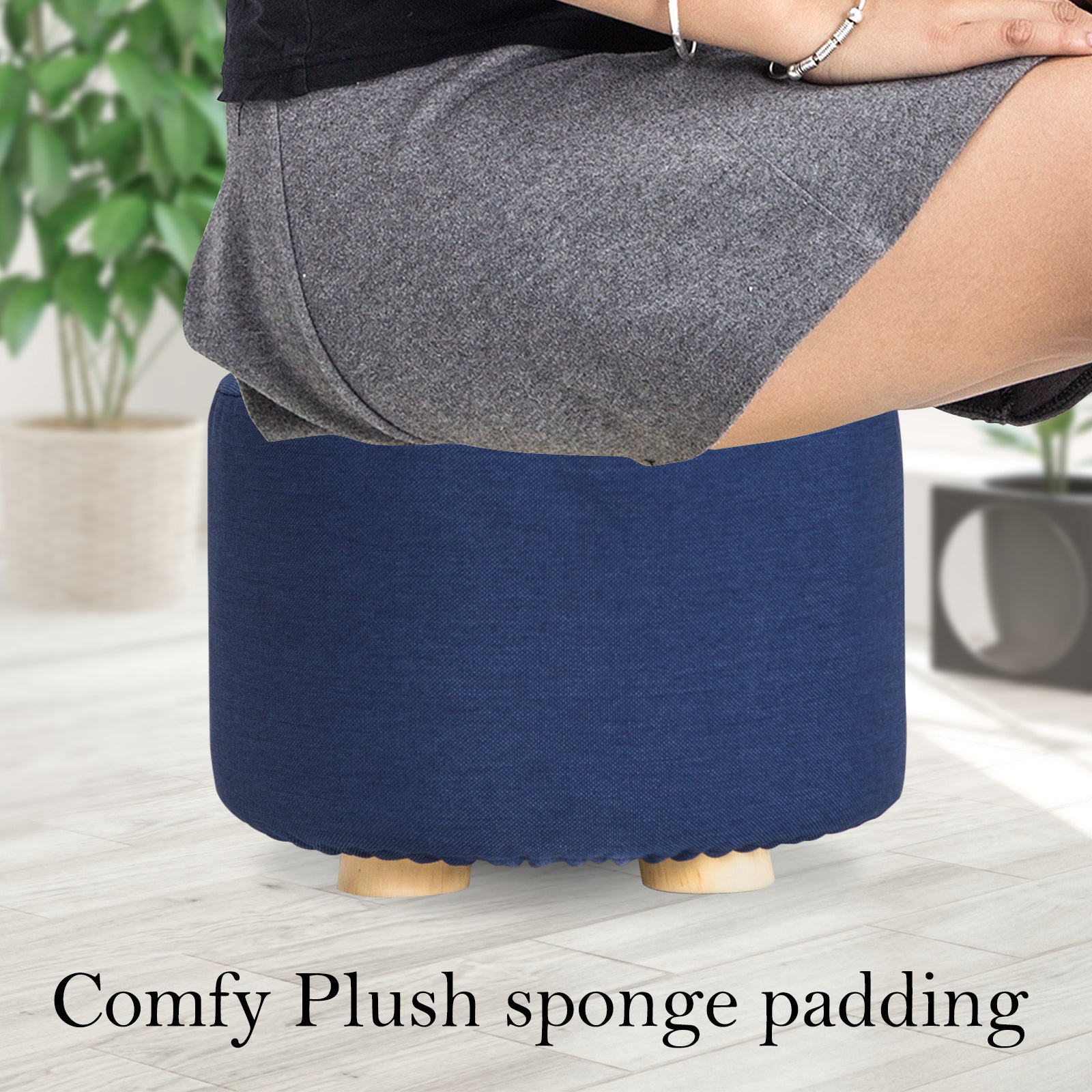 Fabric Ottoman Round Wooden Leg Foot Stool - DARK BLUE V274-FT-GQST01-DBU