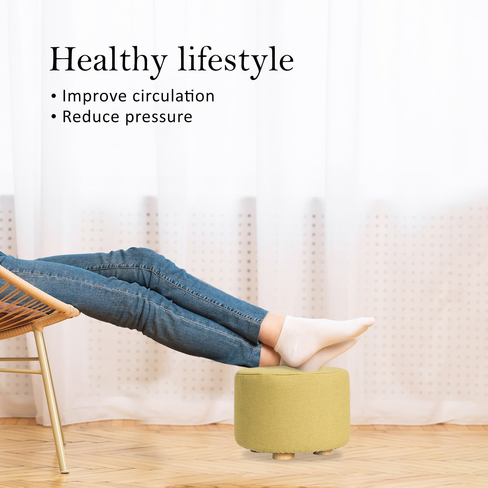 Fabric Ottoman Round Wooden Leg Foot Stool - MUSTARD YELLOW V274-FT-GQST01-GN