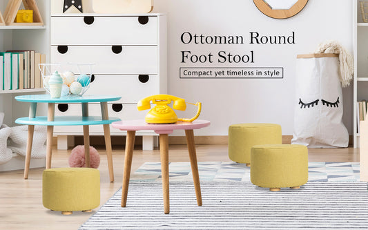 2X Fabric Ottoman Round Wooden Leg Foot Stool - Mustard Yellow V274-FT-GQST01-GN2