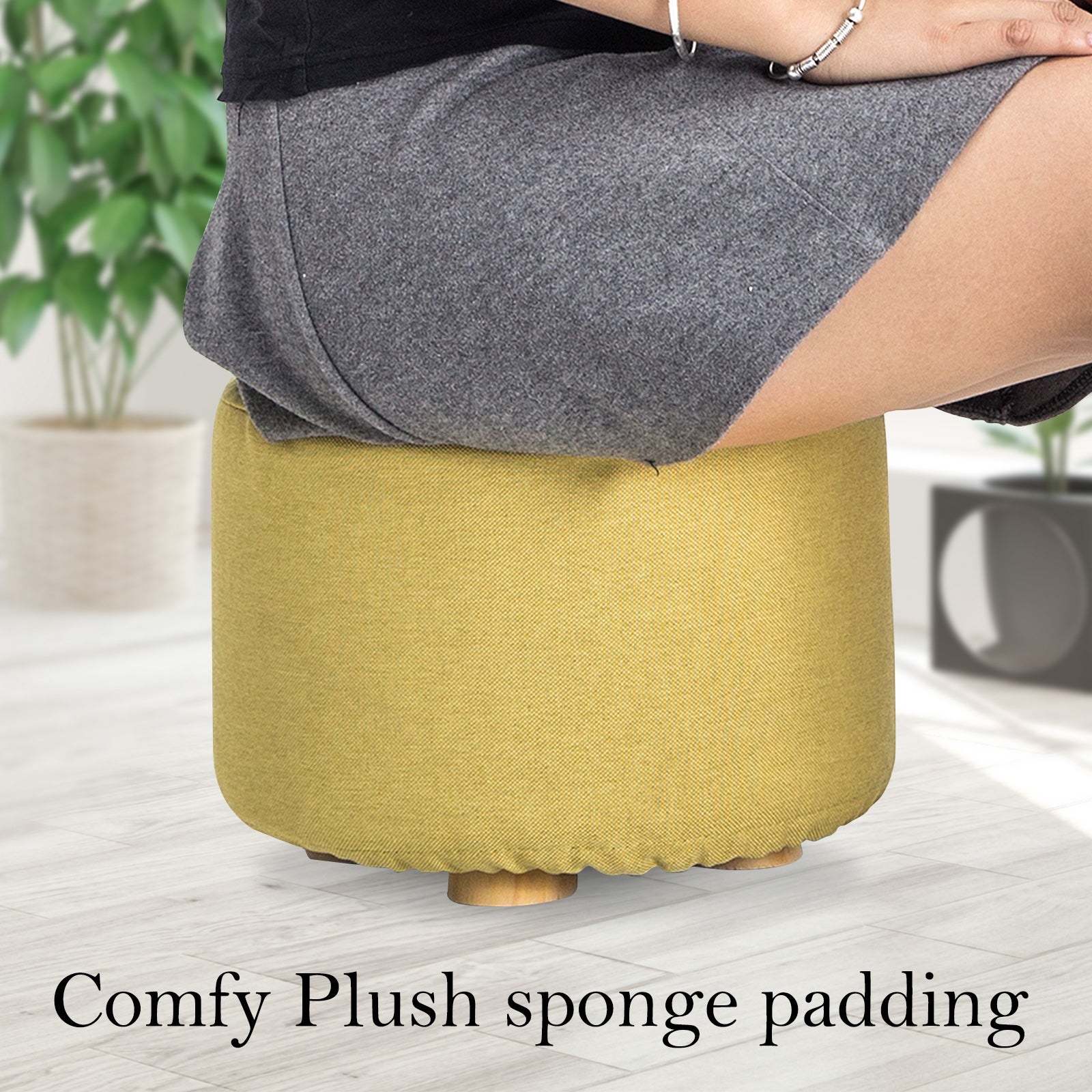 2X Fabric Ottoman Round Wooden Leg Foot Stool - Mustard Yellow V274-FT-GQST01-GN2