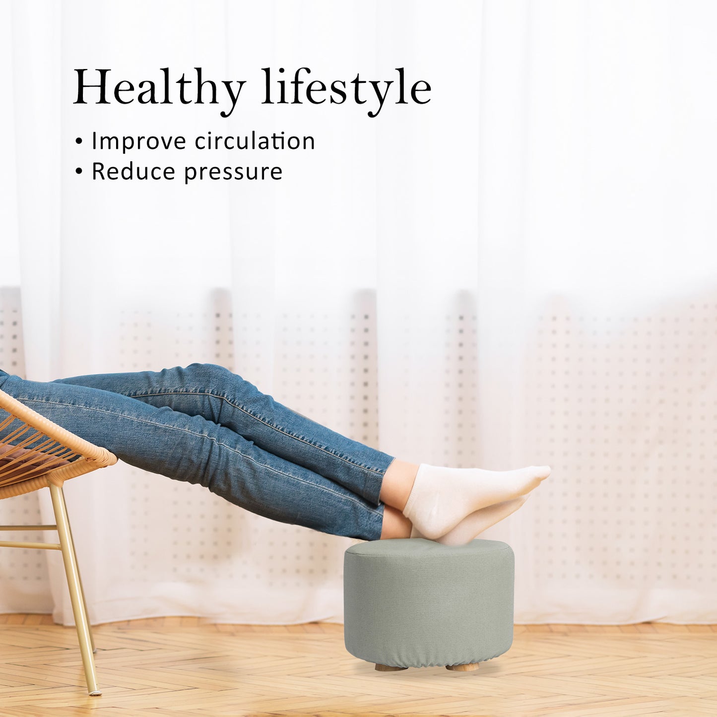 Fabric Ottoman Round Wooden Leg Foot Stool - GREY V274-FT-GQST01-GY