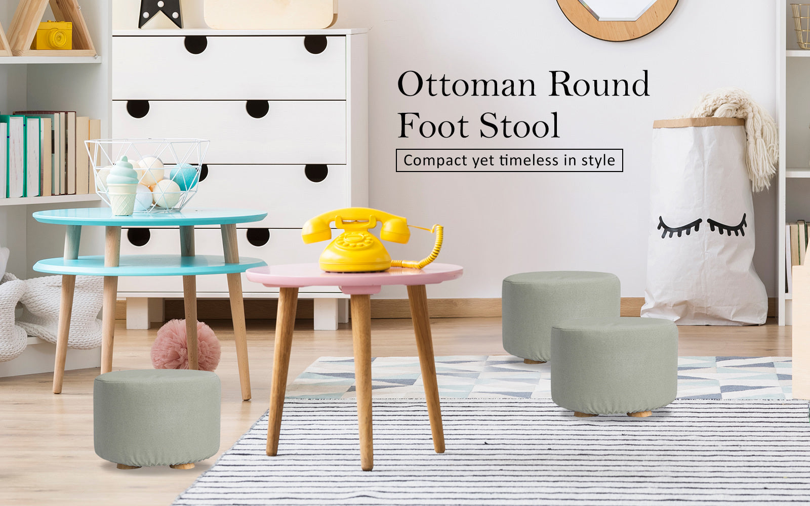 2X Fabric Ottoman Round Wooden Leg Foot Stool - GREY V274-FT-GQST01-GY2