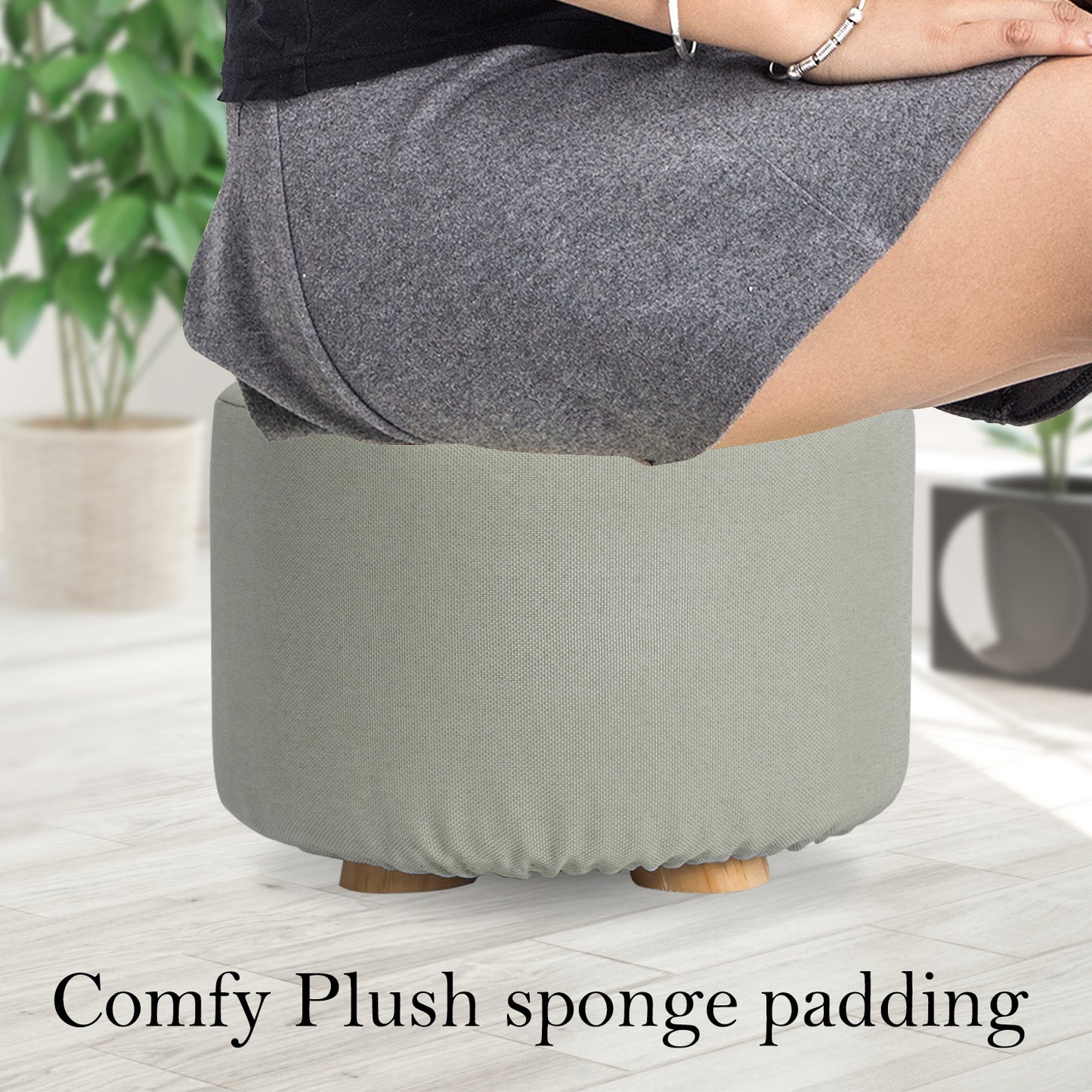 2X Fabric Ottoman Round Wooden Leg Foot Stool - GREY V274-FT-GQST01-GY2