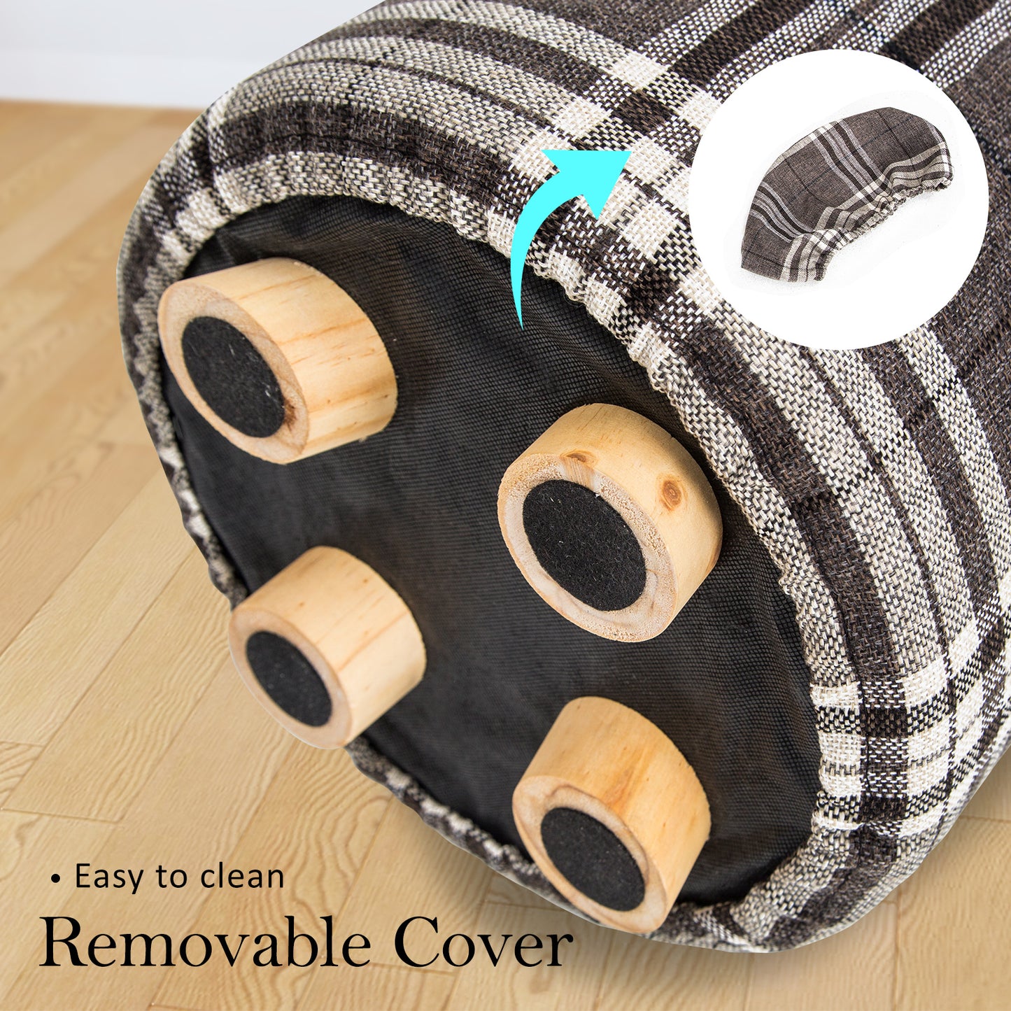 Fabric Ottoman Round Wooden Leg Foot Stool - LATTICE V274-FT-GQST01-GYBK