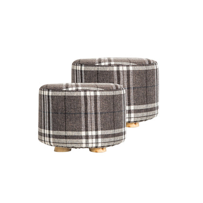 2X Fabric Ottoman Round Wooden Leg Foot Stool - LATTICE V274-FT-GQST01-GYBK2