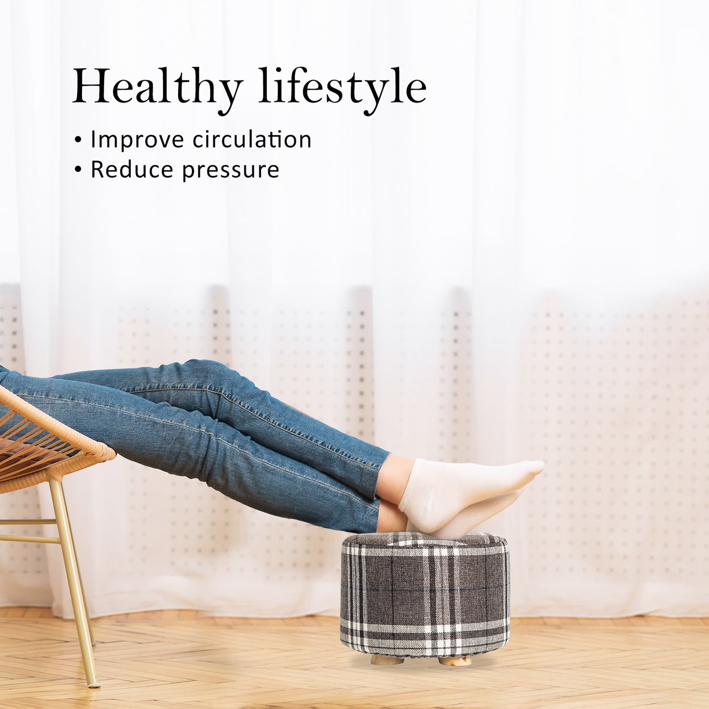 2X Fabric Ottoman Round Wooden Leg Foot Stool - LATTICE V274-FT-GQST01-GYBK2