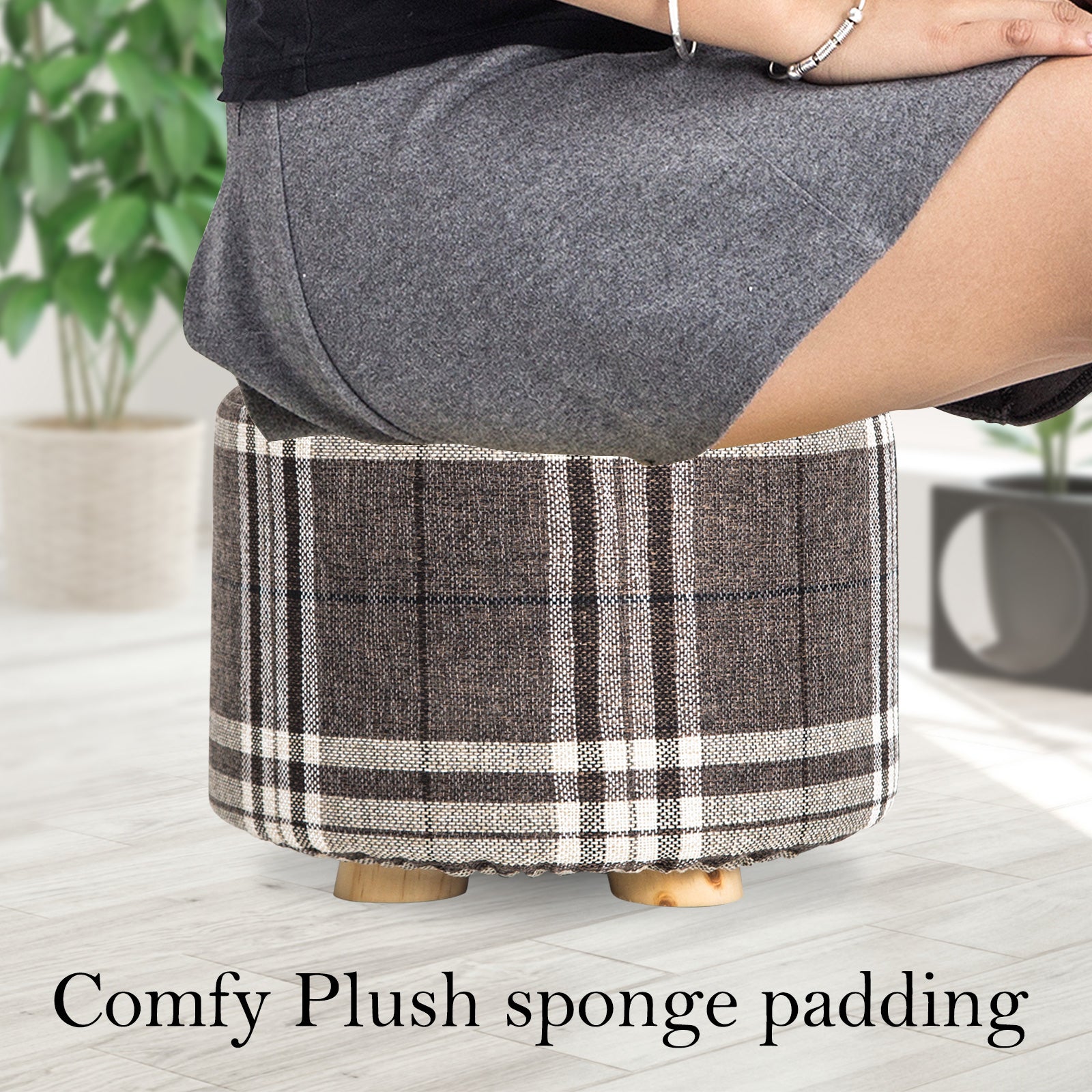 2X Fabric Ottoman Round Wooden Leg Foot Stool - LATTICE V274-FT-GQST01-GYBK2