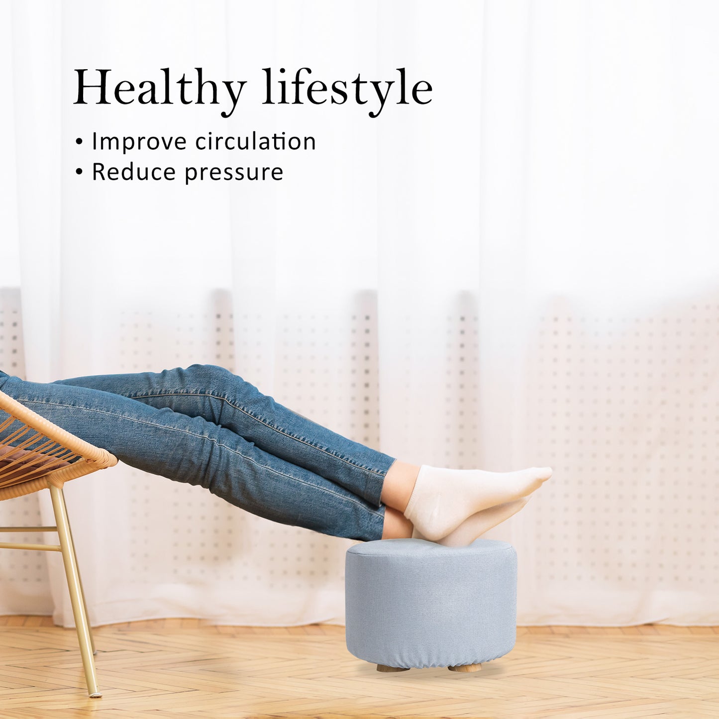 Fabric Ottoman Round Wooden Leg Foot Stool - LIGHT BLUE V274-FT-GQST01-LBU