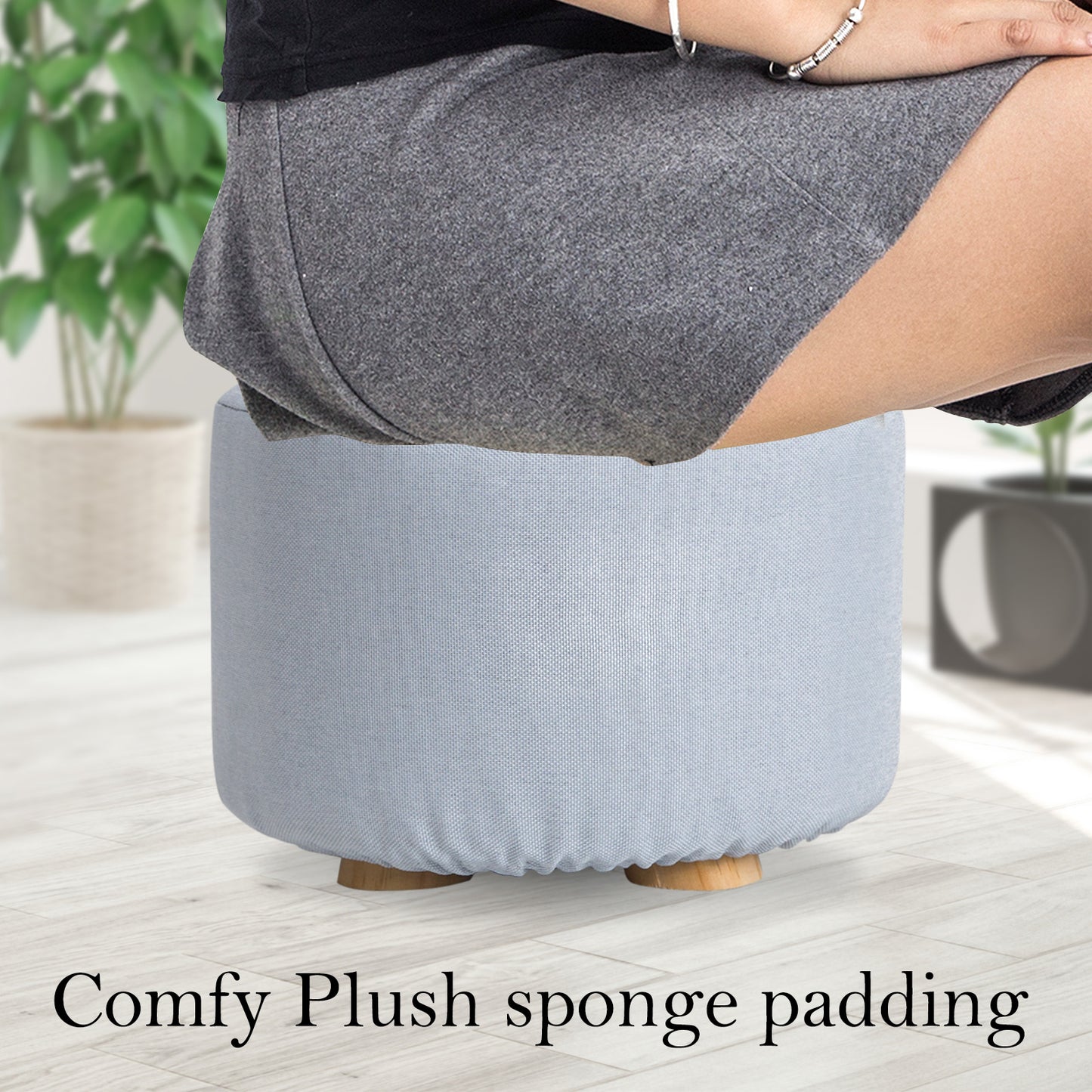 Fabric Ottoman Round Wooden Leg Foot Stool - LIGHT BLUE V274-FT-GQST01-LBU