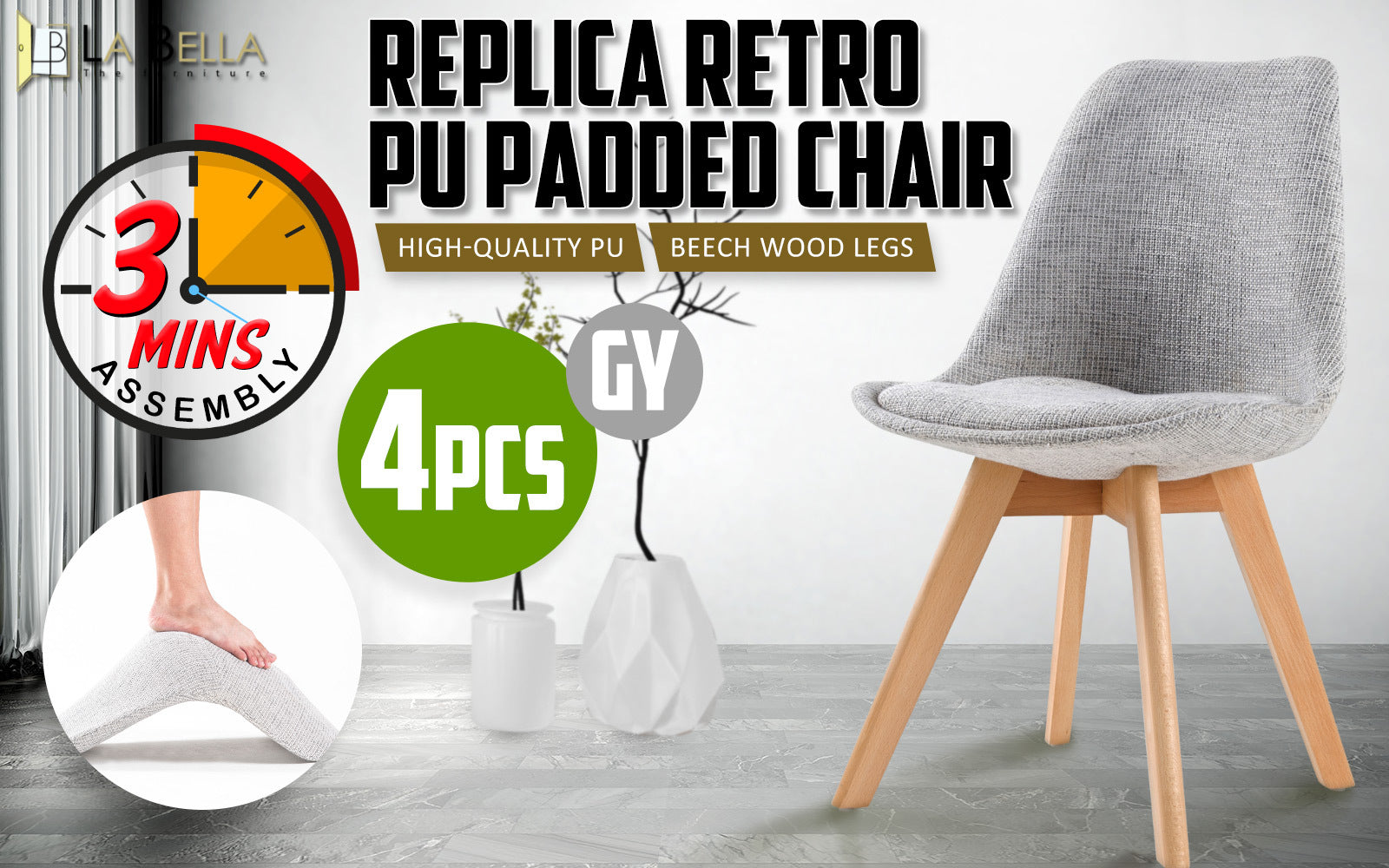 4X Retro Dining Cafe Chair Padded Seat GREY V274-FT-J900B-GY4