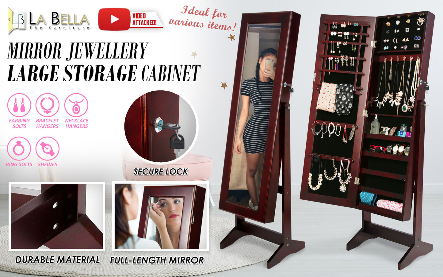 Mirror Jewellery Cabinet Storage Organiser LUVO 146cm WALNUT V274-FT-MJ316B
