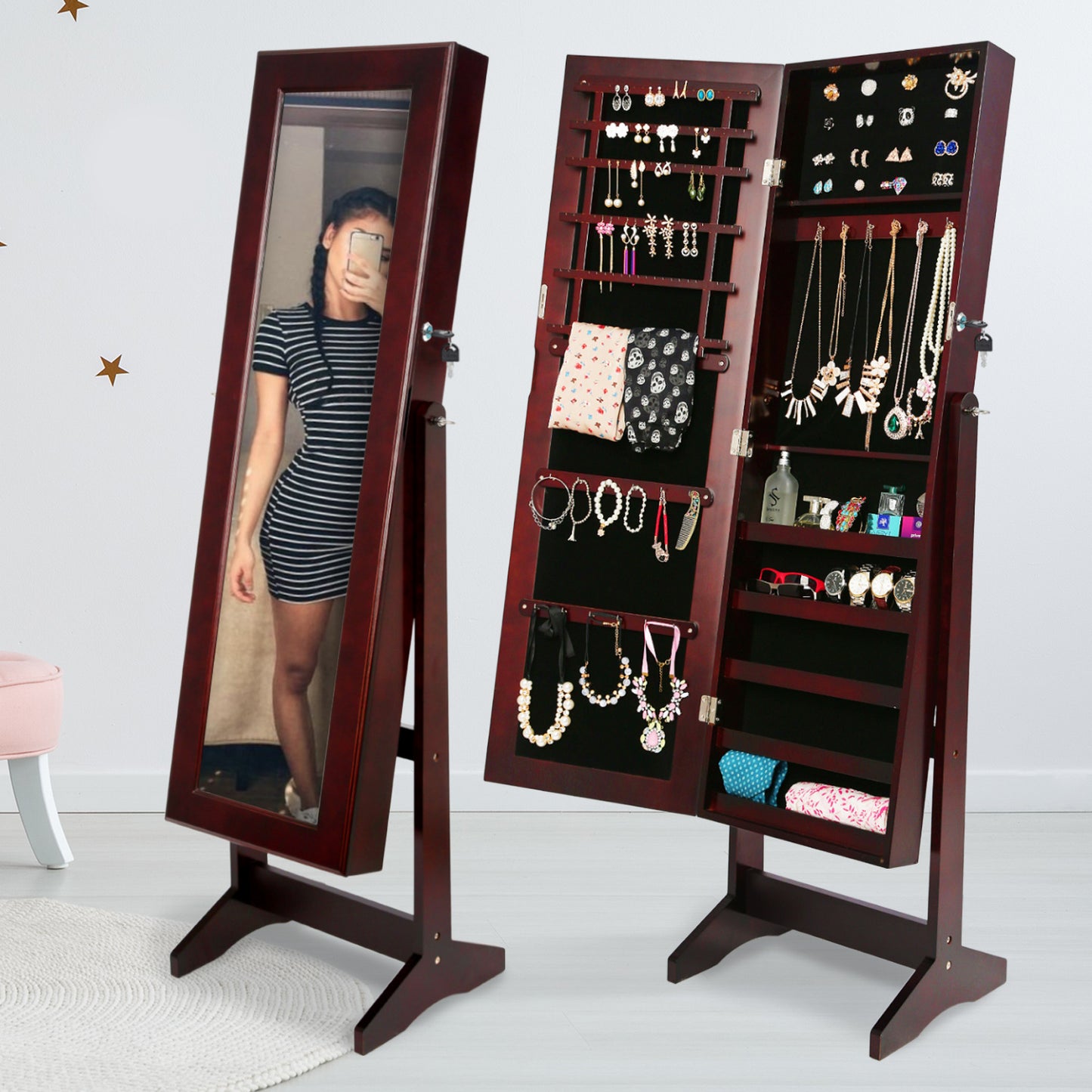 Mirror Jewellery Cabinet Storage Organiser LUVO 146cm WALNUT V274-FT-MJ316B