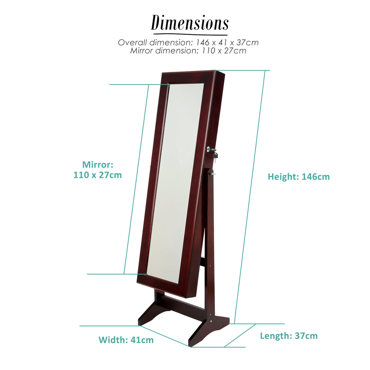 Mirror Jewellery Cabinet Storage Organiser LUVO 146cm WALNUT V274-FT-MJ316B