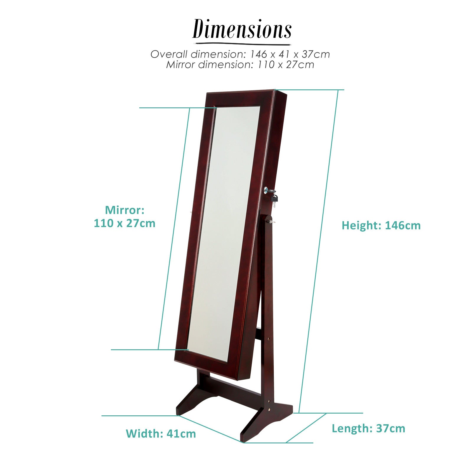 Mirror Jewellery Cabinet Storage Organiser LUVO 146cm WALNUT V274-FT-MJ316B