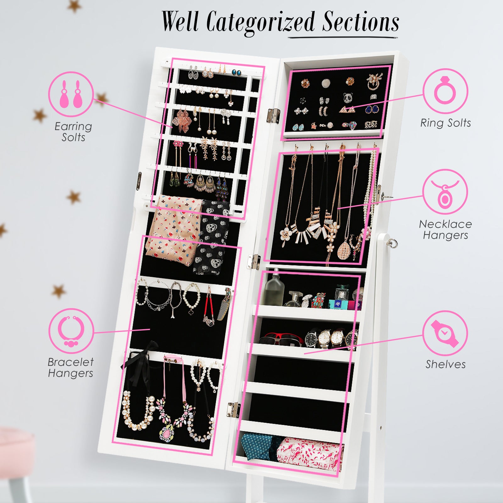 Mirror Jewellery Cabinet Storage Organiser LUVO 146cm WHITE V274-FT-MJ316W