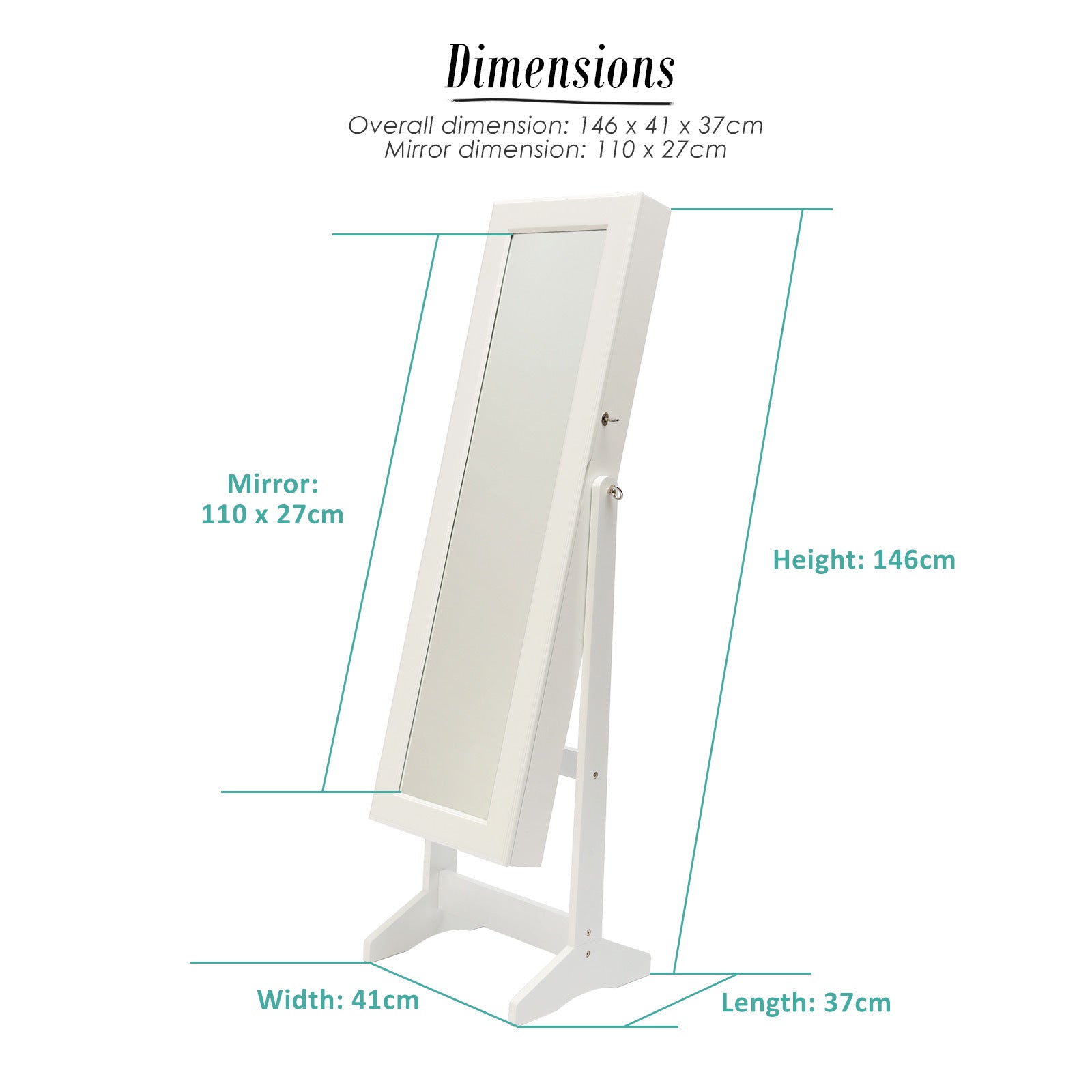 Mirror Jewellery Cabinet Storage Organiser LUVO 146cm WHITE V274-FT-MJ316W