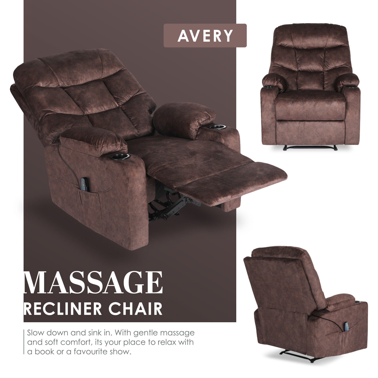8-Point Electric Massage Recliner Chair - Leathaire Lounge Sofa Armchair AVERY BROWN V274-FT-MRC-6115LTH-BN