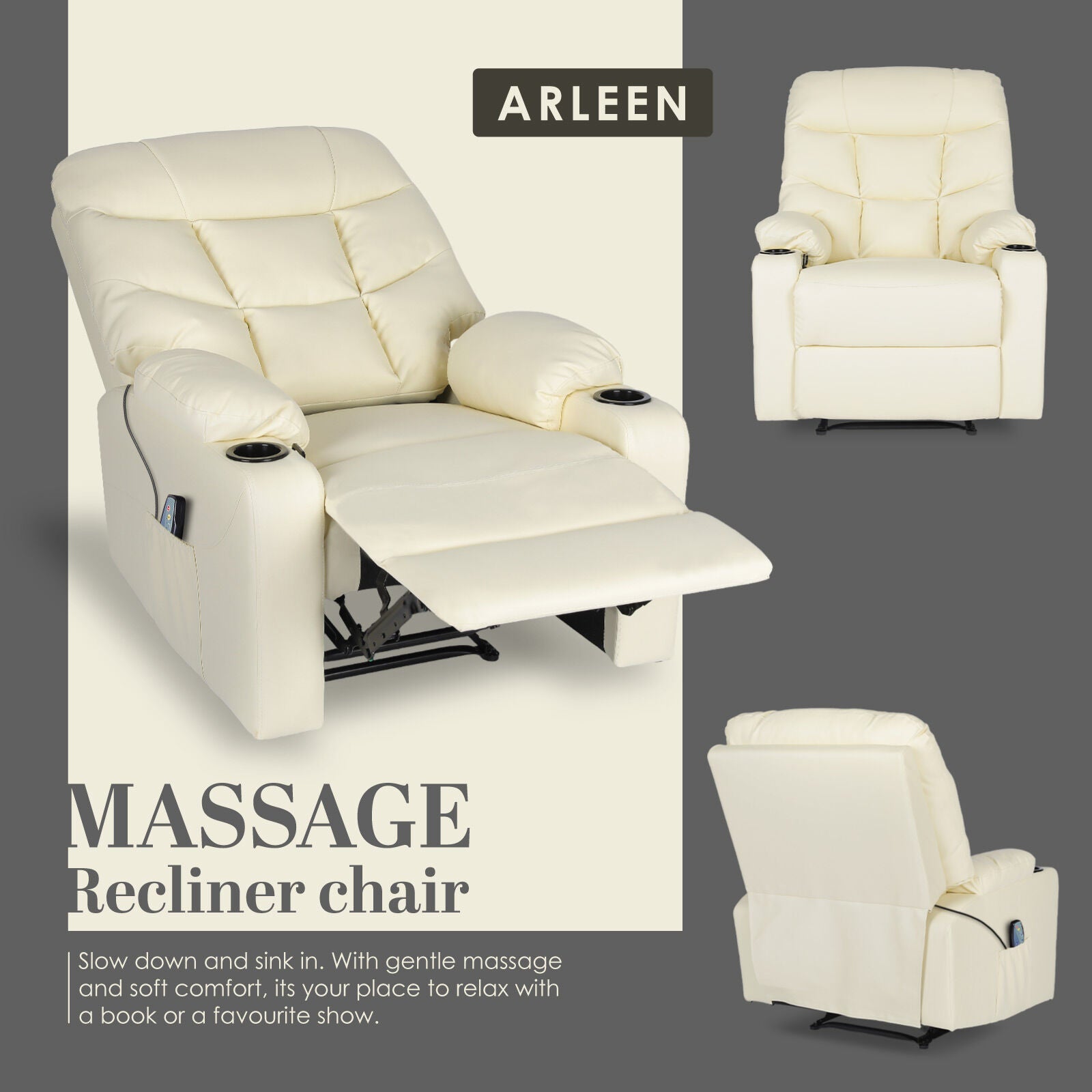 8-Point Electric Massage Recliner Chair - PU Leather Lounge Sofa Armchair ARLEEN BEIGE V274-FT-MRC-6115PU-CR