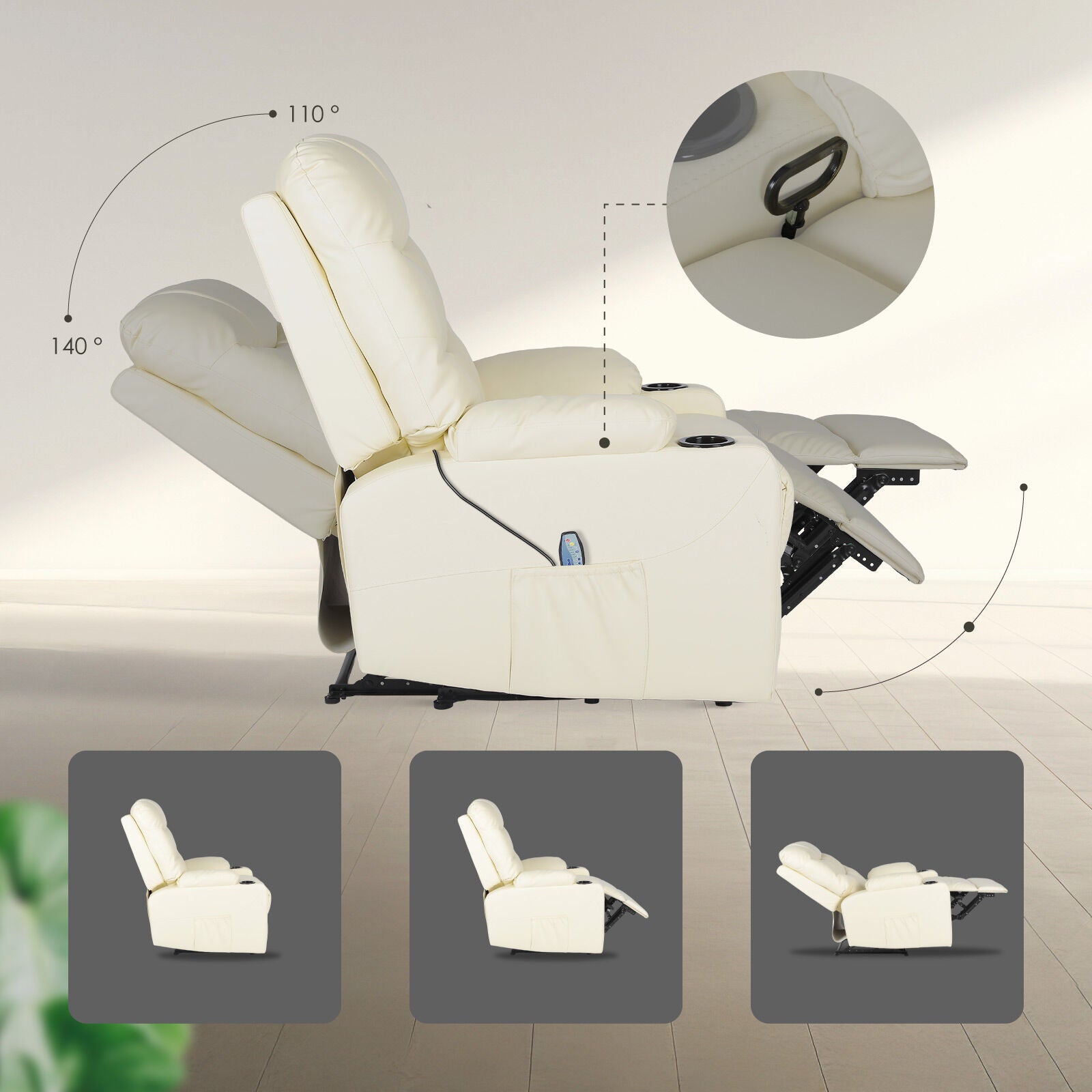 8-Point Electric Massage Recliner Chair - PU Leather Lounge Sofa Armchair ARLEEN BEIGE V274-FT-MRC-6115PU-CR