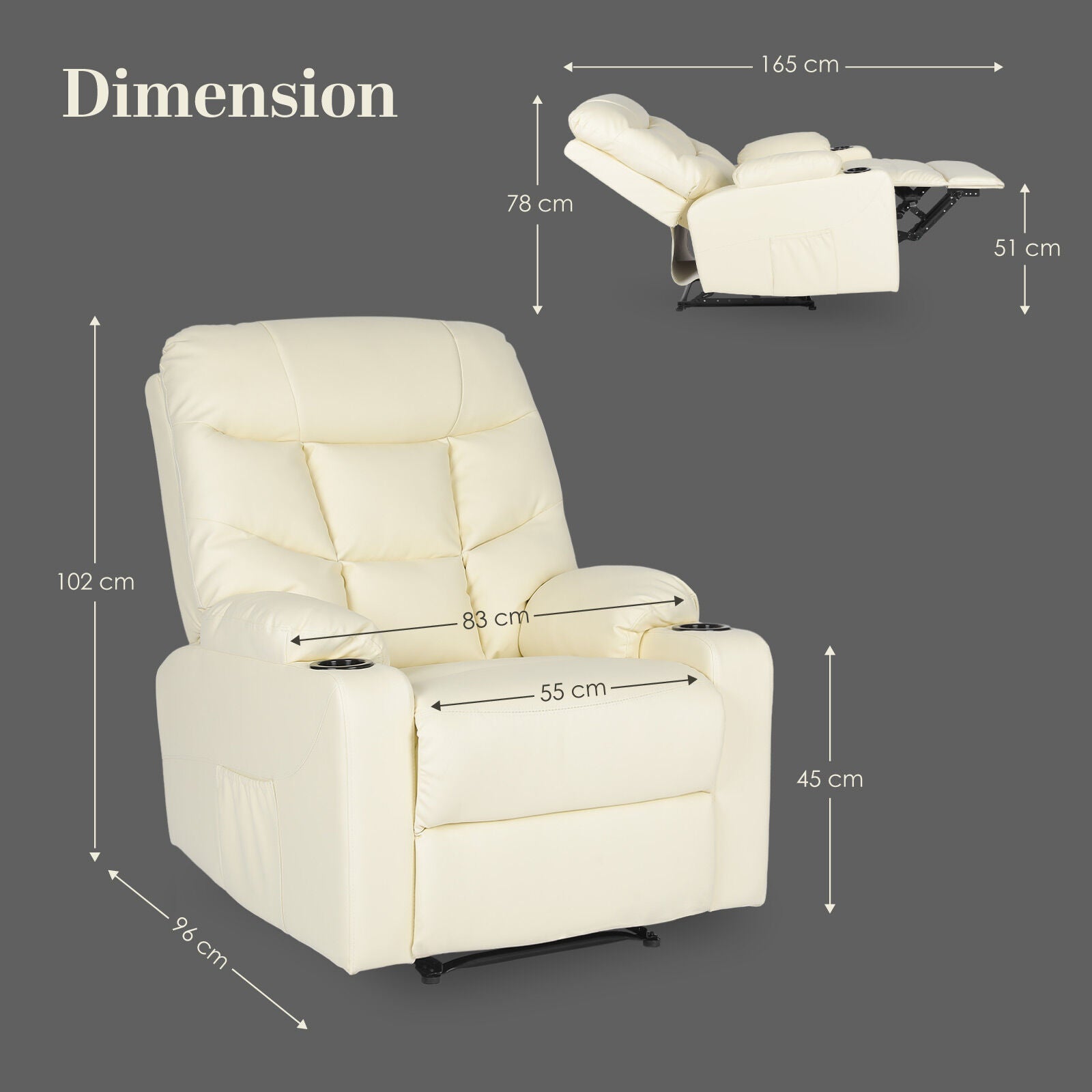 8-Point Electric Massage Recliner Chair - PU Leather Lounge Sofa Armchair ARLEEN BEIGE V274-FT-MRC-6115PU-CR