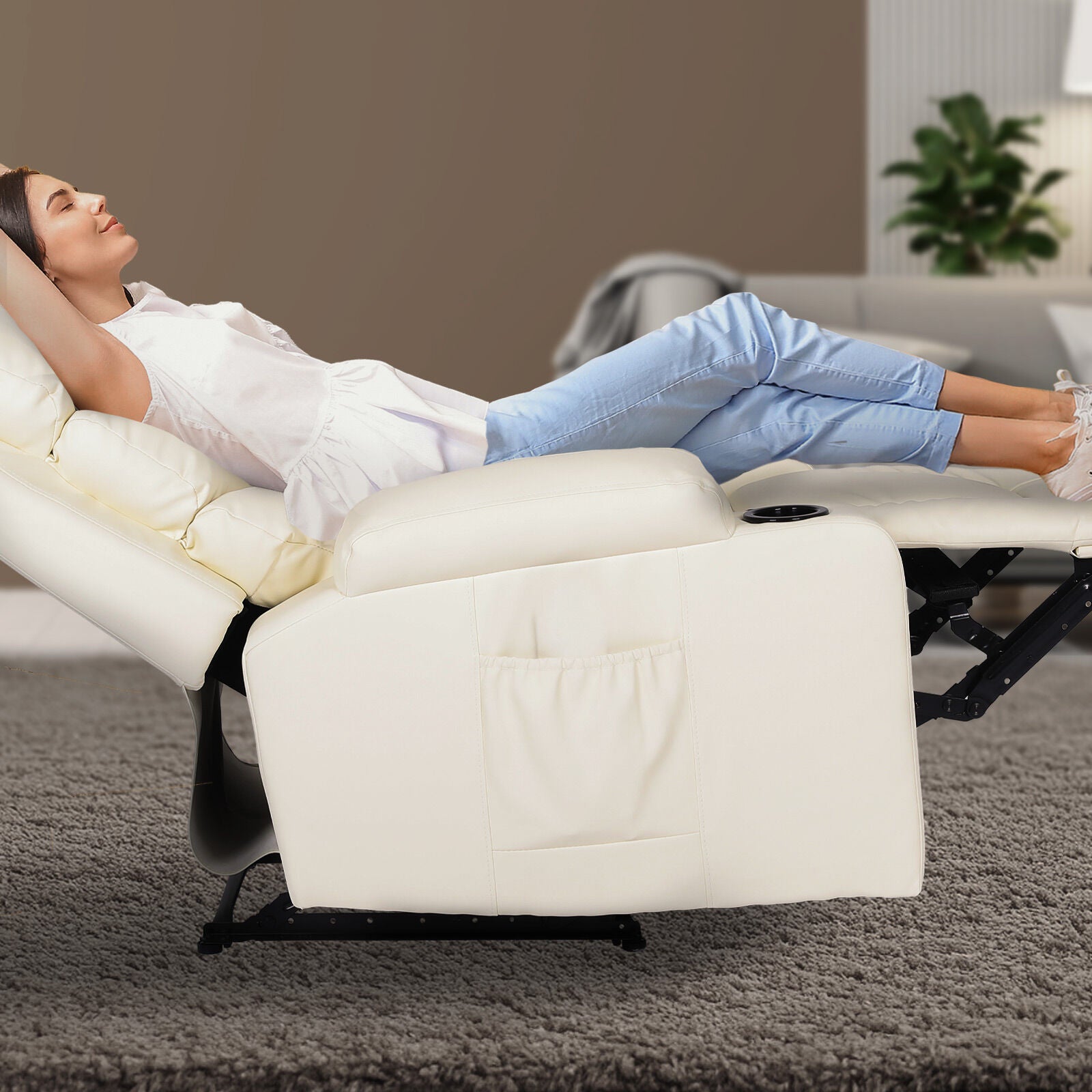 8-Point Electric Massage Recliner Chair - PU Leather Lounge Sofa Armchair CELINA CREAM V274-FT-MRC-6175PU-CR