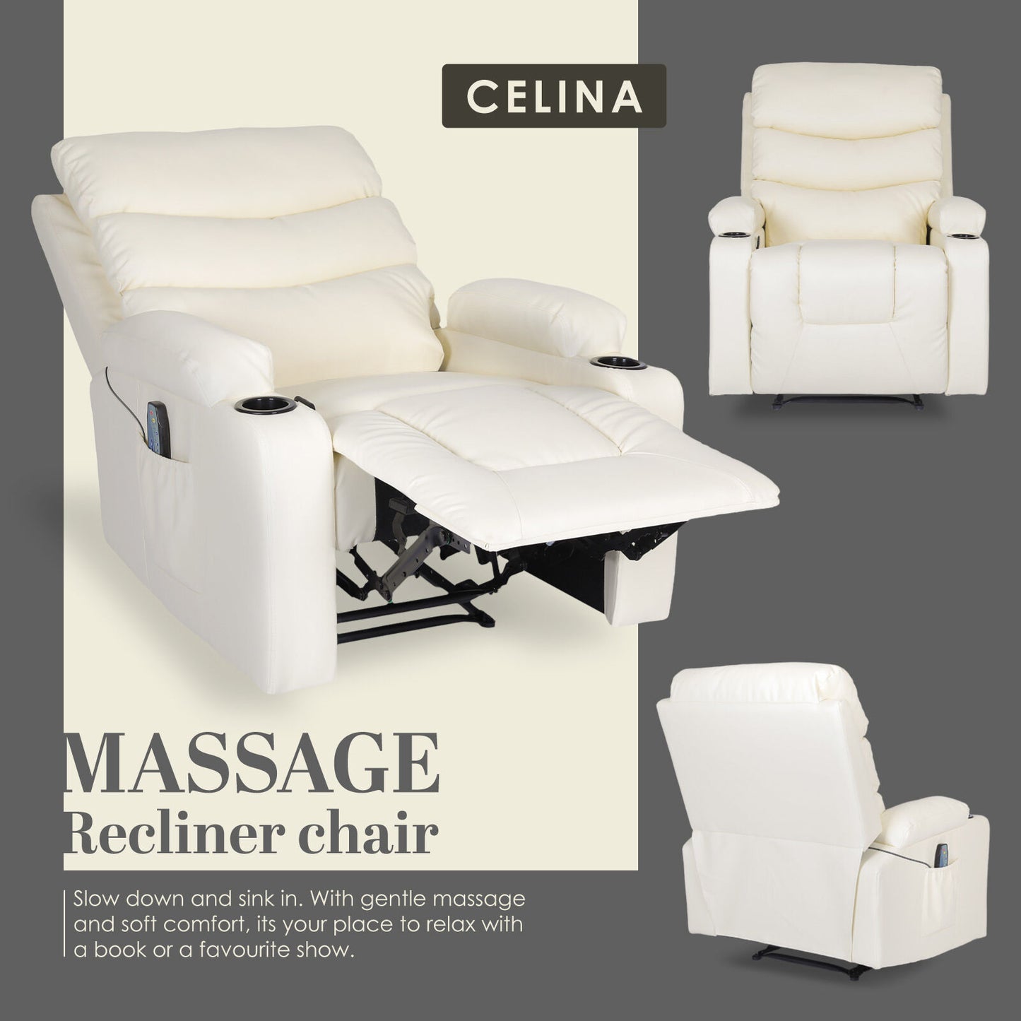 8-Point Electric Massage Recliner Chair - PU Leather Lounge Sofa Armchair CELINA CREAM V274-FT-MRC-6175PU-CR