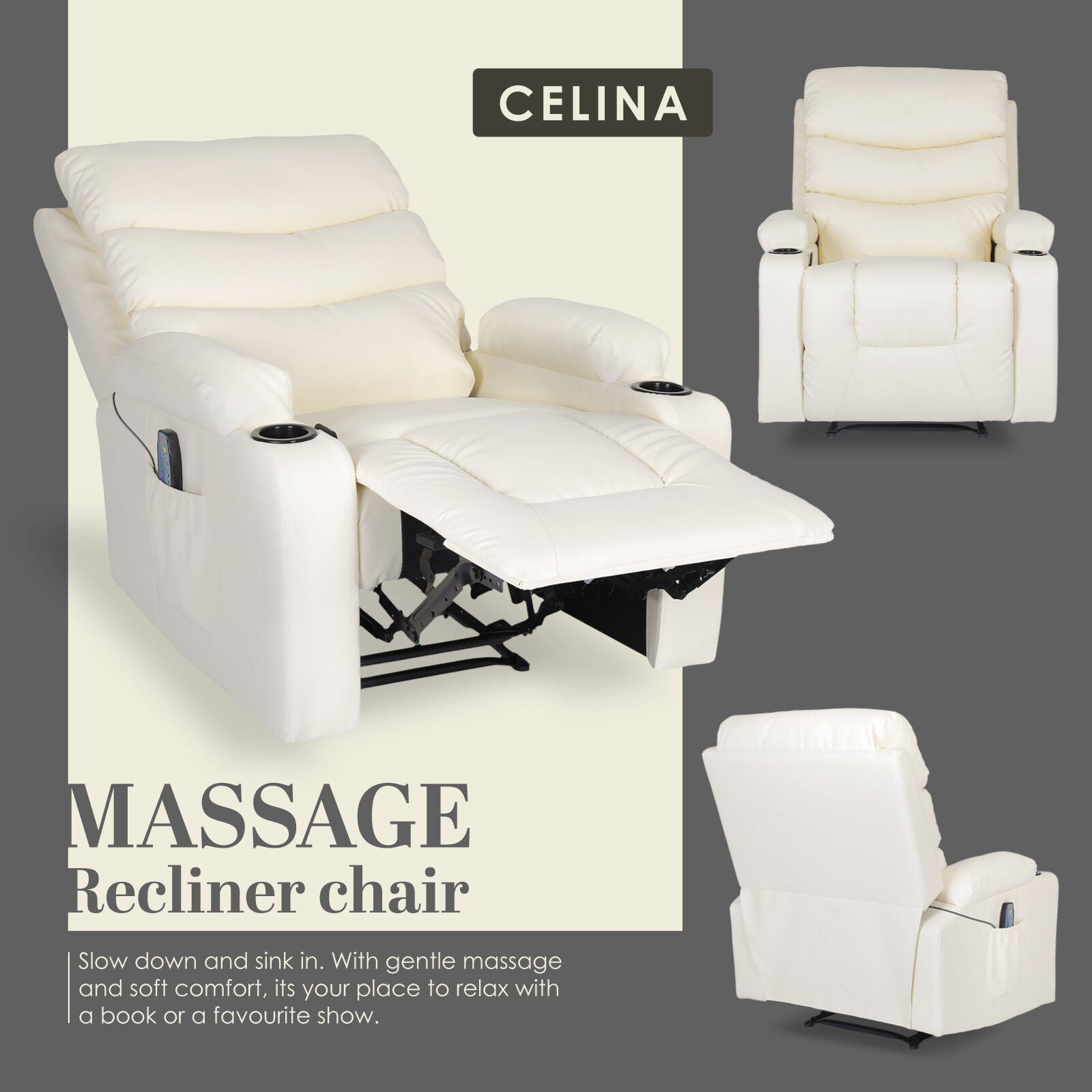 8-Point Electric Massage Recliner Chair - PU Leather Lounge Sofa Armchair CELINA CREAM V274-FT-MRC-6175PU-CR