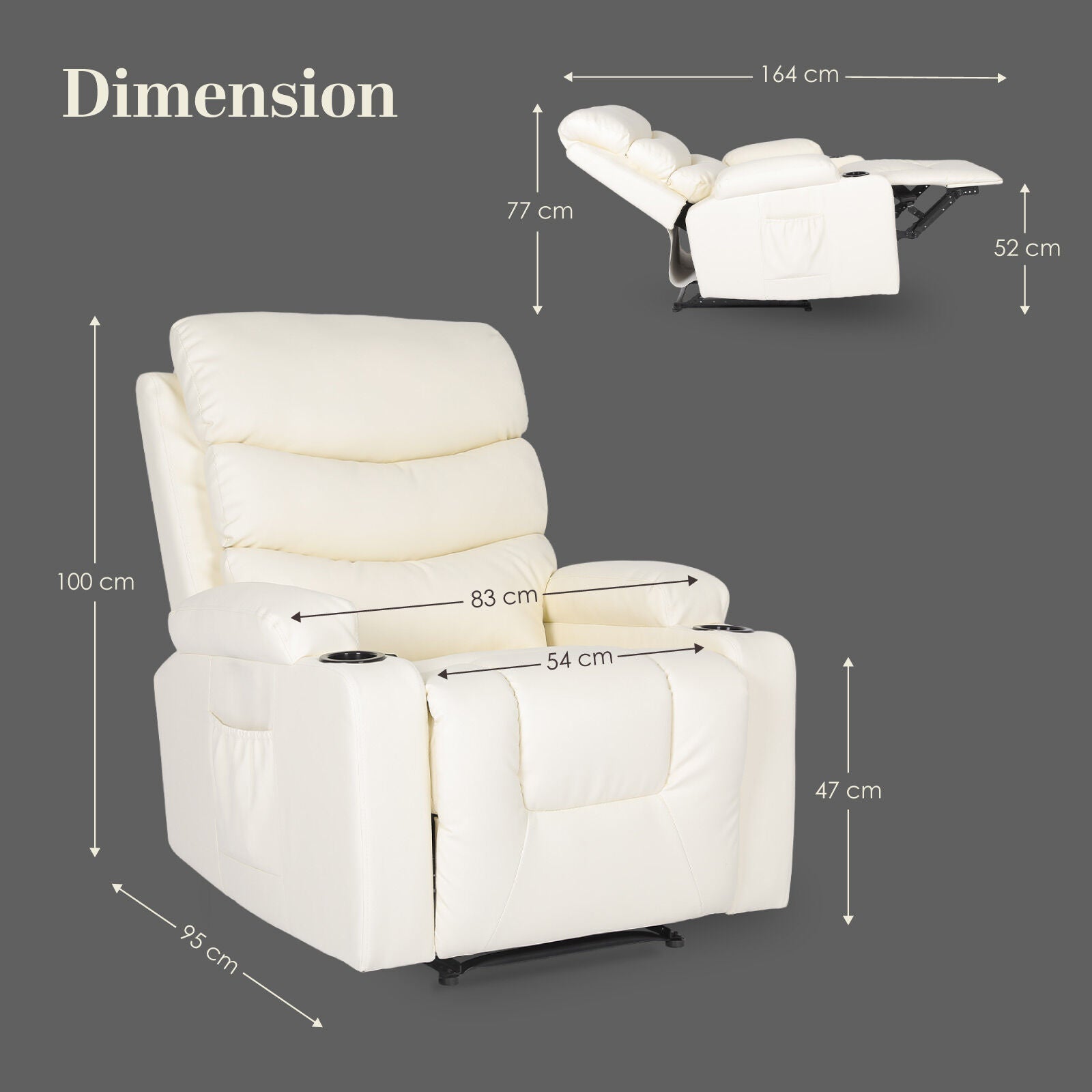 8-Point Electric Massage Recliner Chair - PU Leather Lounge Sofa Armchair CELINA CREAM V274-FT-MRC-6175PU-CR