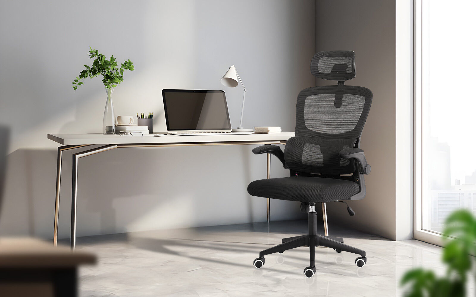 Work Office Chair - Lumber Support, Flip-up Armrest, Adjustable Headrest SITIO - Black V274-FT-OC-2656A-BK