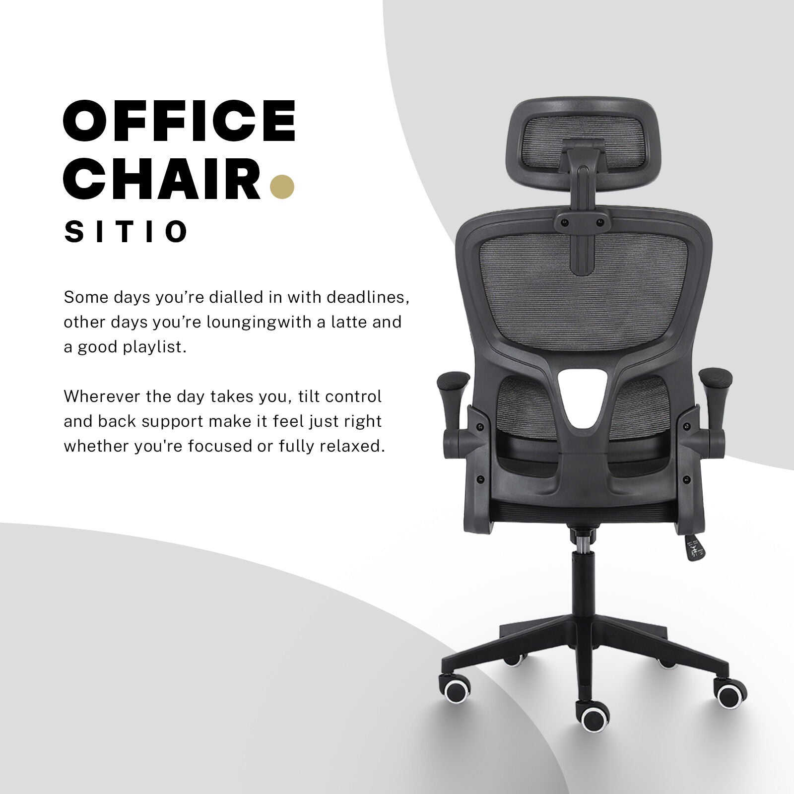 Work Office Chair - Lumber Support, Flip-up Armrest, Adjustable Headrest SITIO - Black V274-FT-OC-2656A-BK