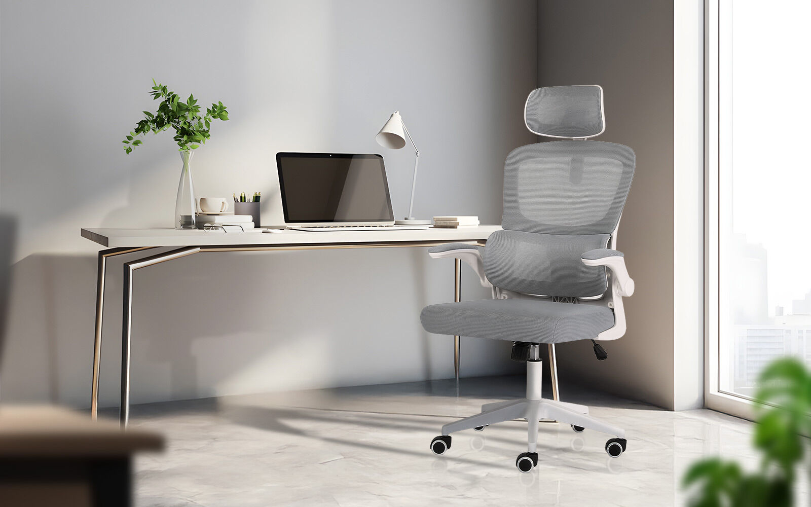 Work Office Chair - Lumber Support, Flip-up Armrest, Adjustable Headrest SITIO - GREY V274-FT-OC-2656A-WHGY