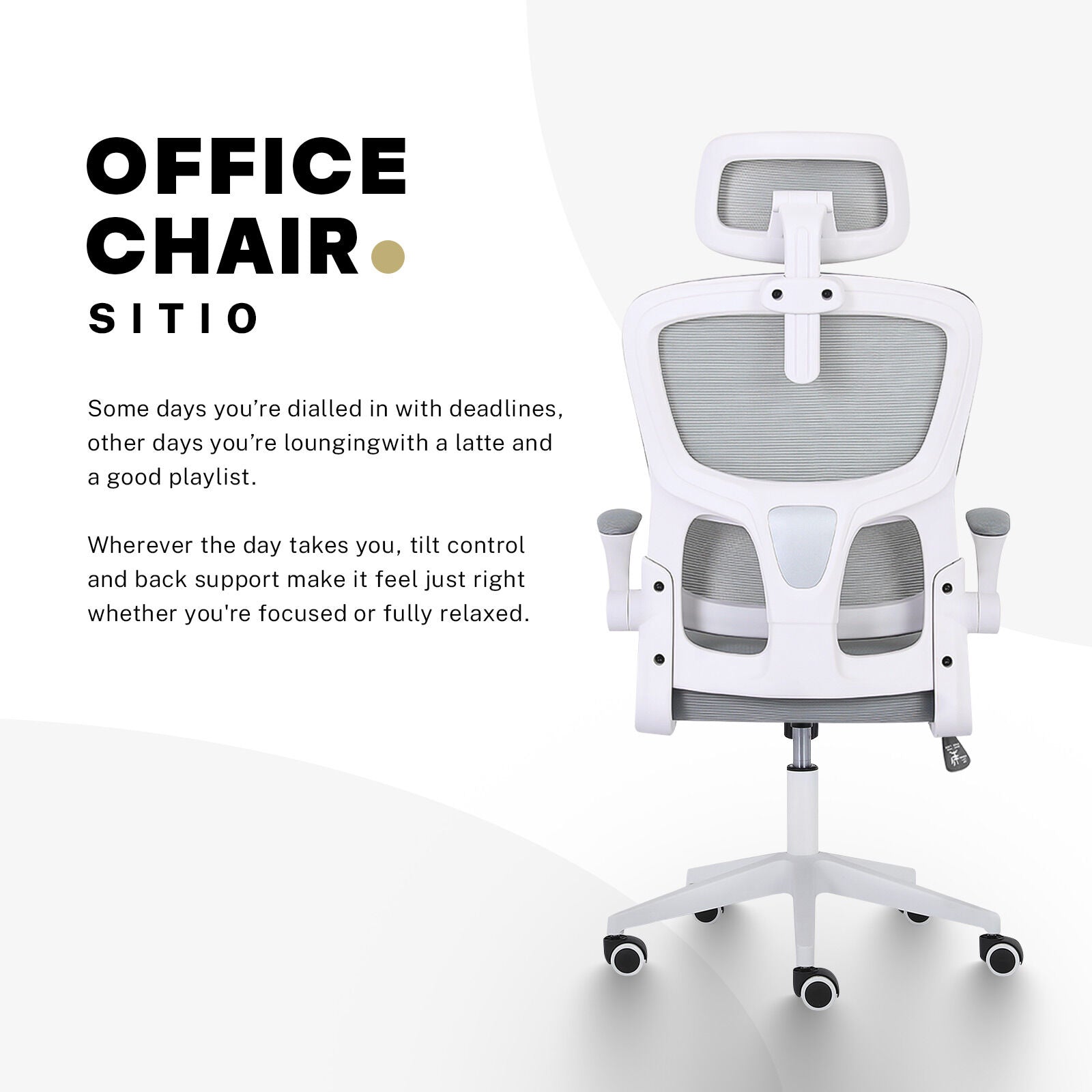 Work Office Chair - Lumber Support, Flip-up Armrest, Adjustable Headrest SITIO - GREY V274-FT-OC-2656A-WHGY