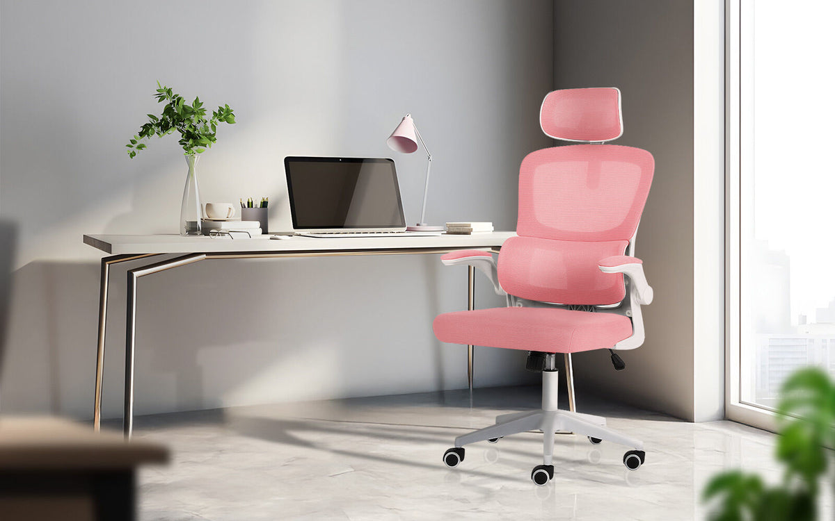 Work Office Chair - Lumber Support, Flip-up Armrest, Adjustable Headrest SITIO - Pink V274-FT-OC-2656A-WHPK