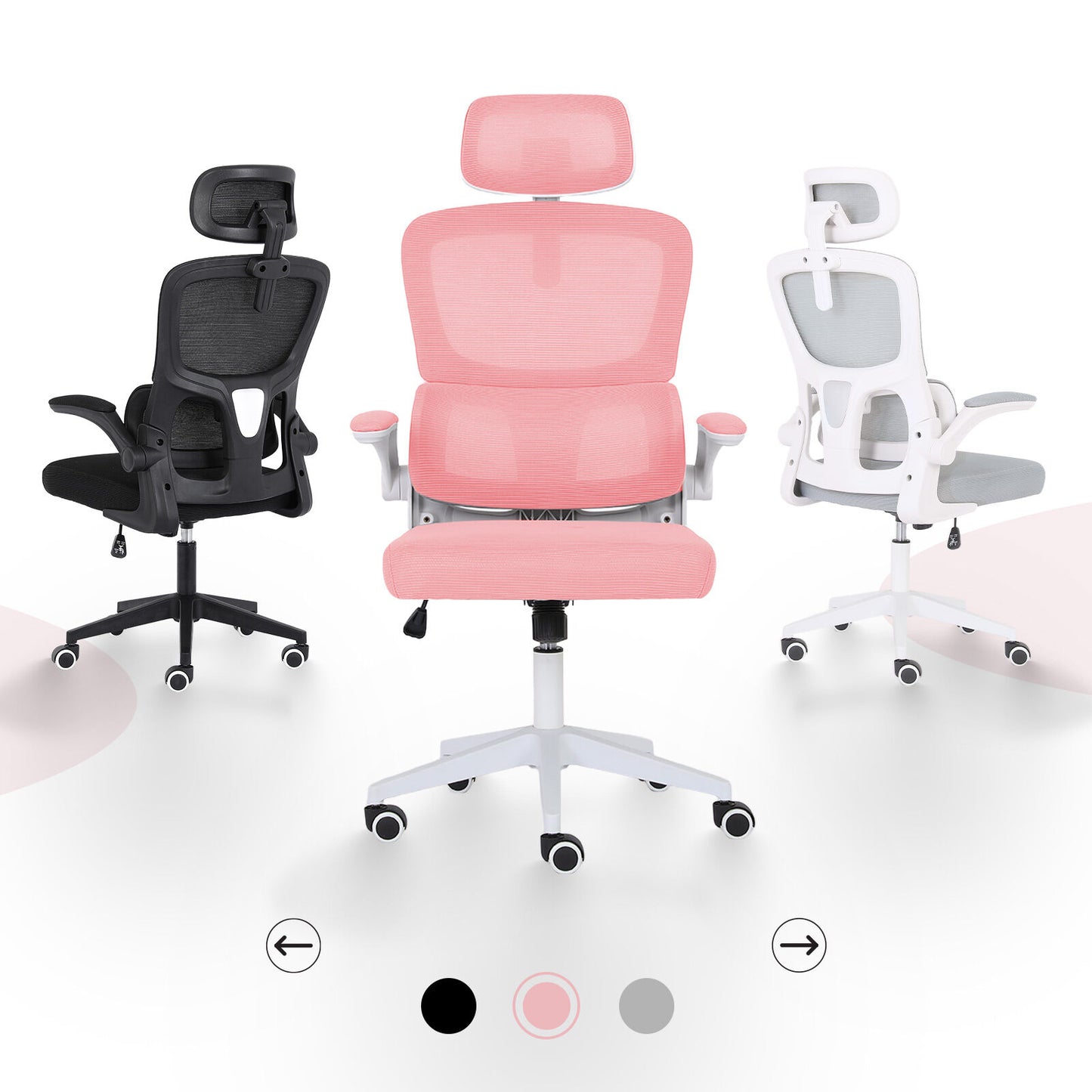 Work Office Chair - Lumber Support, Flip-up Armrest, Adjustable Headrest SITIO - Pink V274-FT-OC-2656A-WHPK