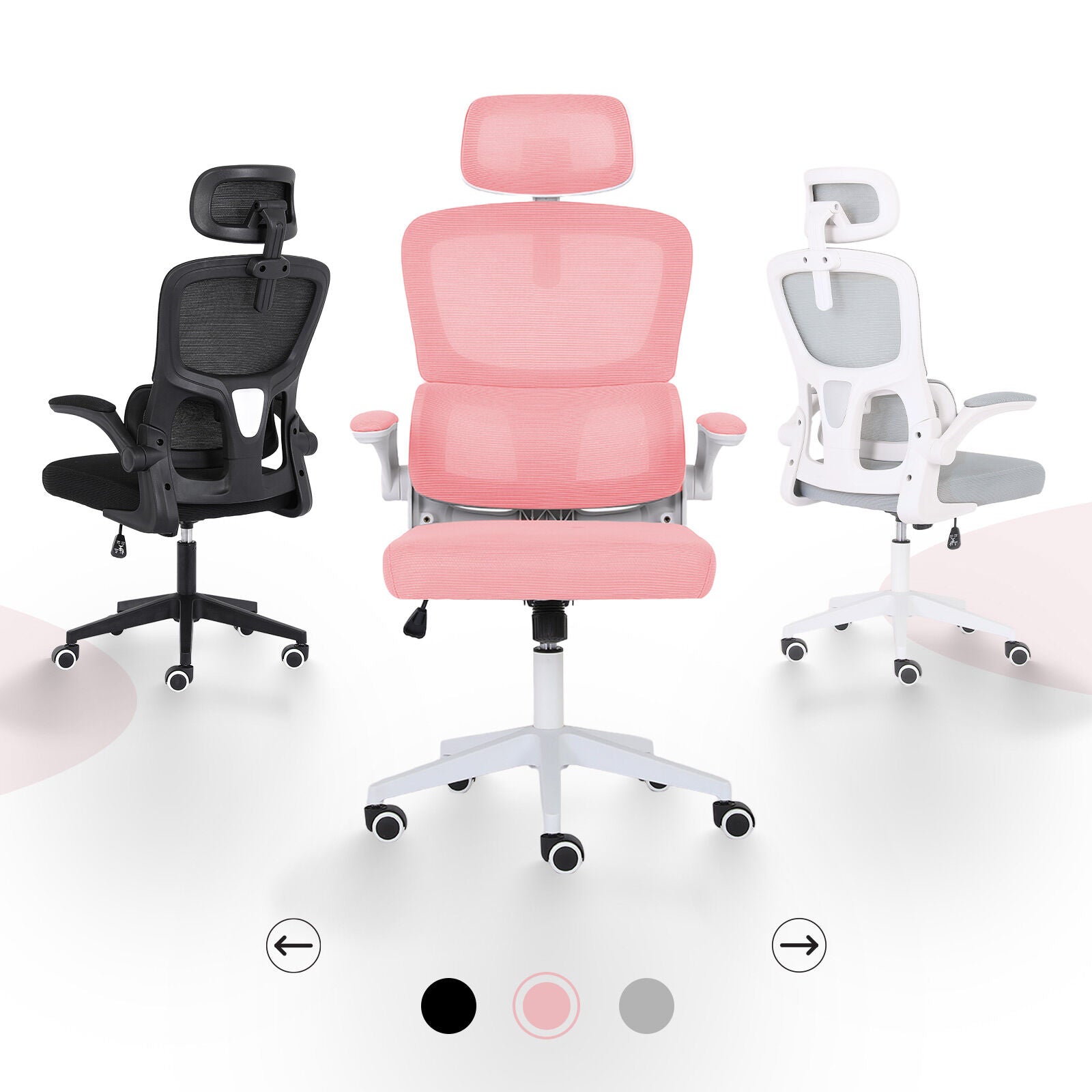 Work Office Chair - Lumber Support, Flip-up Armrest, Adjustable Headrest SITIO - Pink V274-FT-OC-2656A-WHPK