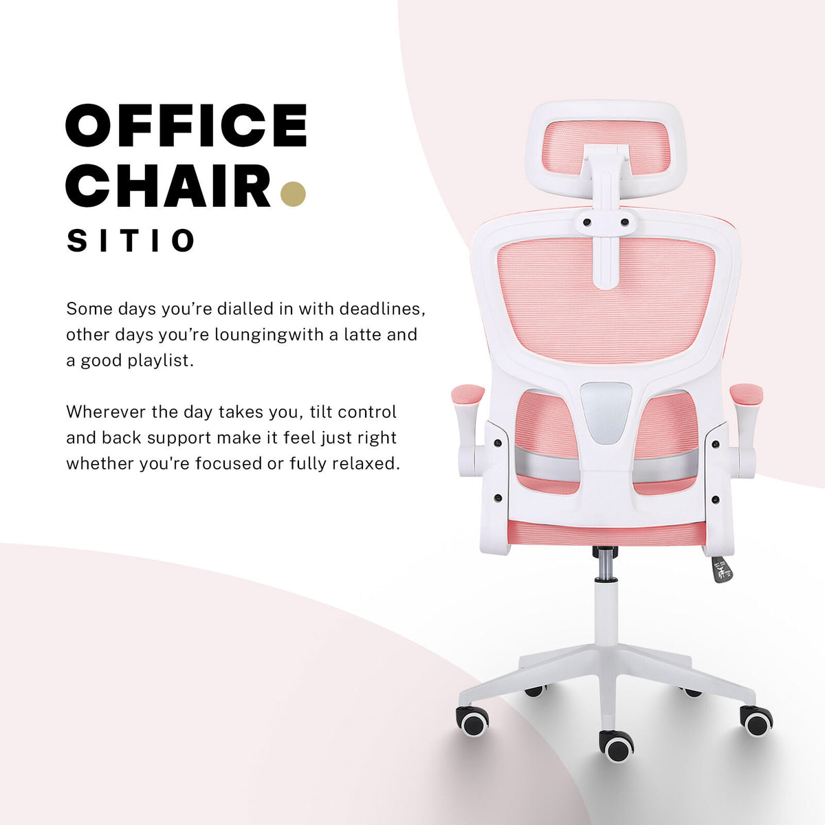 Work Office Chair - Lumber Support, Flip-up Armrest, Adjustable Headrest SITIO - Pink V274-FT-OC-2656A-WHPK