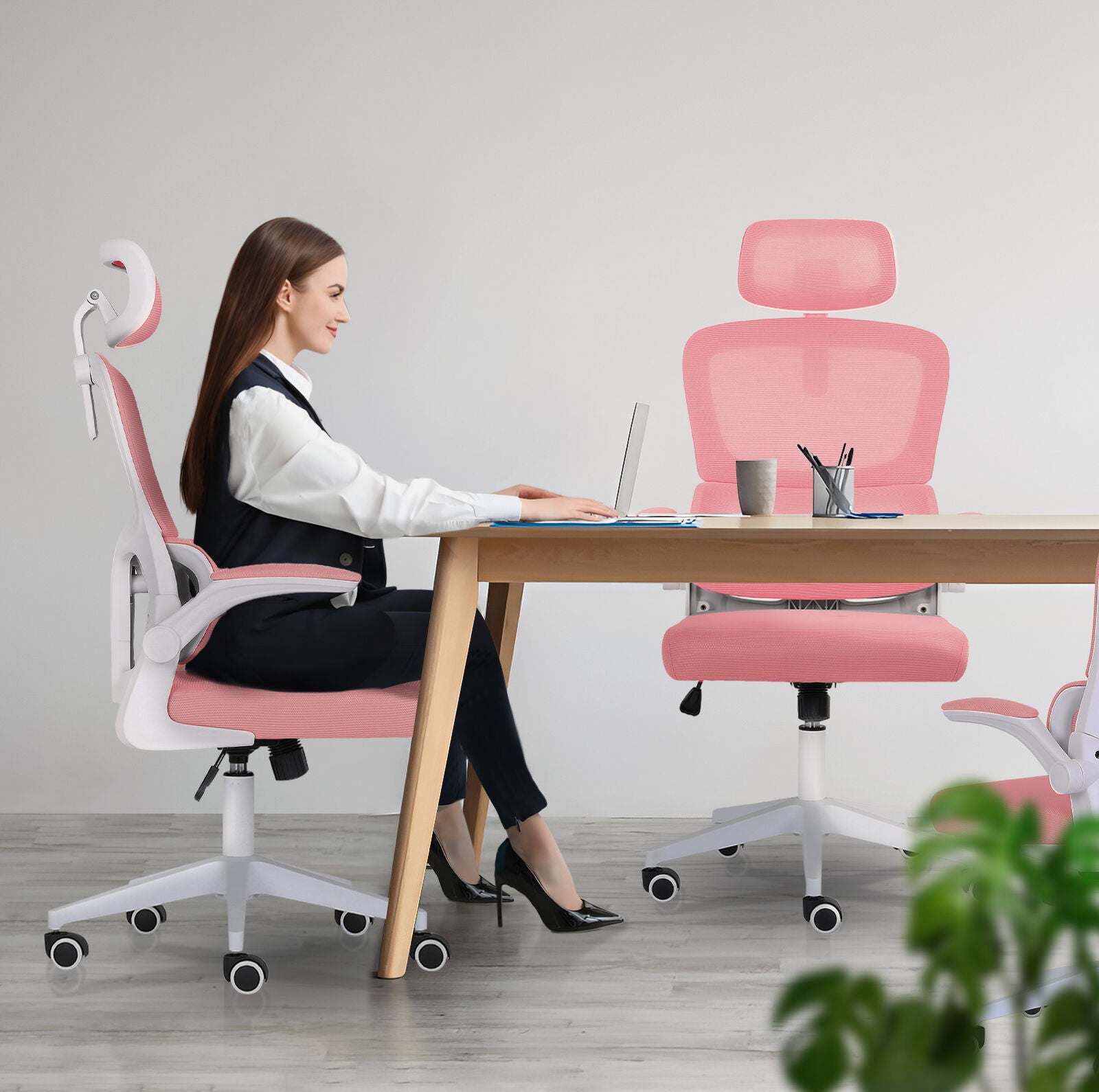 Work Office Chair - Lumber Support, Flip-up Armrest, Adjustable Headrest SITIO - Pink V274-FT-OC-2656A-WHPK