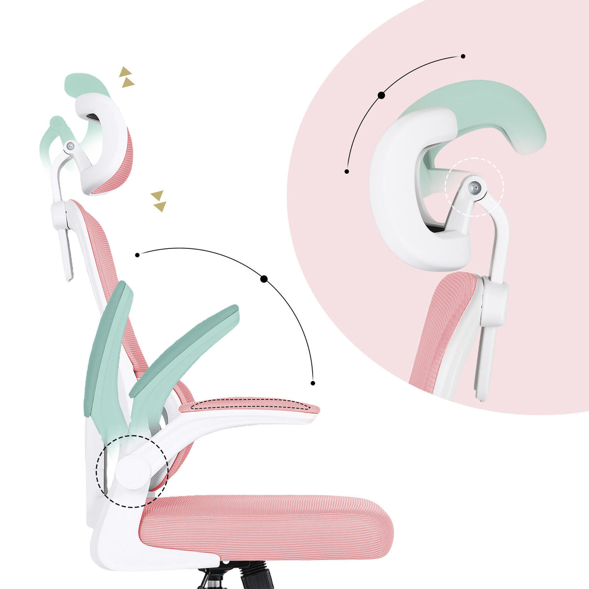 Work Office Chair - Lumber Support, Flip-up Armrest, Adjustable Headrest SITIO - Pink V274-FT-OC-2656A-WHPK