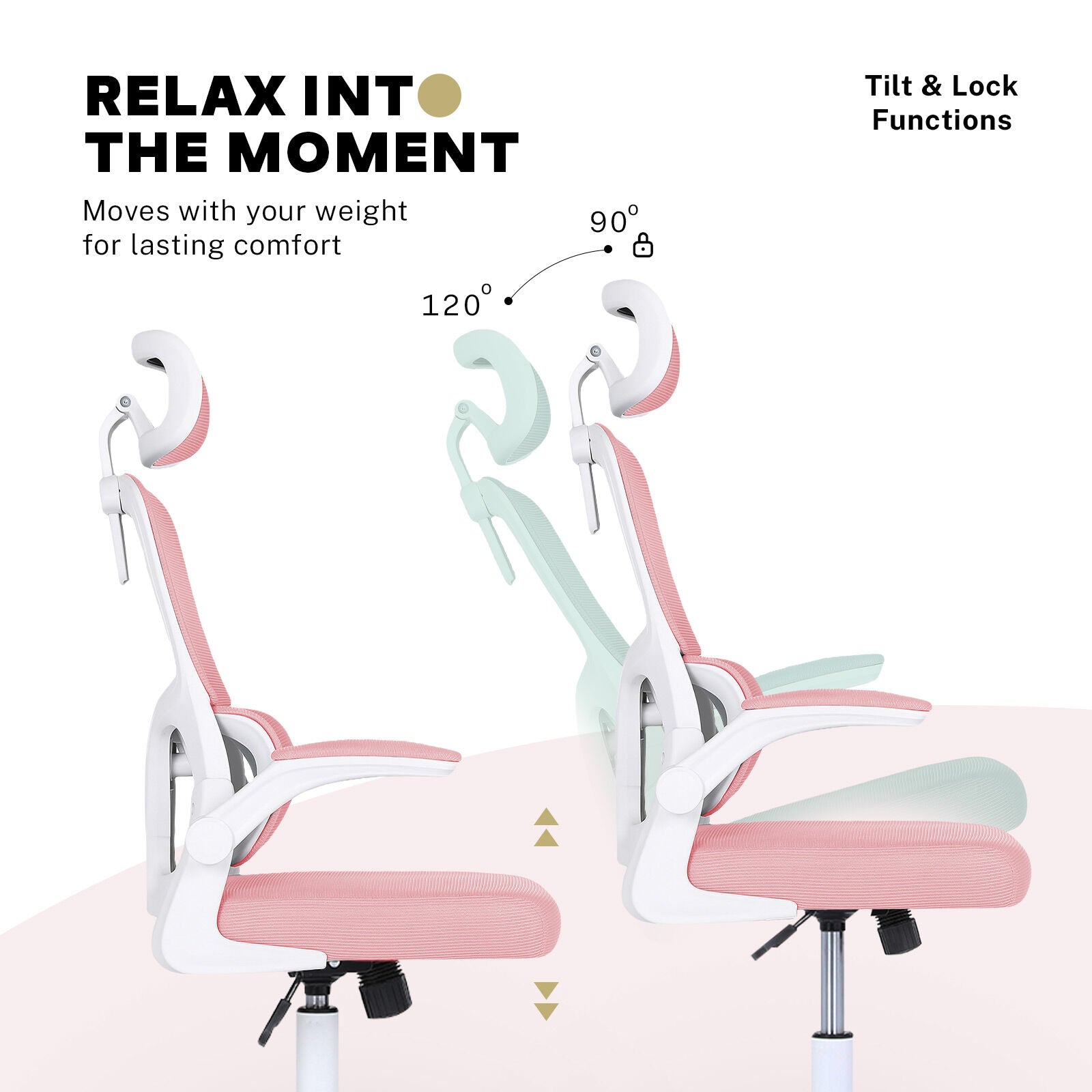 Work Office Chair - Lumber Support, Flip-up Armrest, Adjustable Headrest SITIO - Pink V274-FT-OC-2656A-WHPK