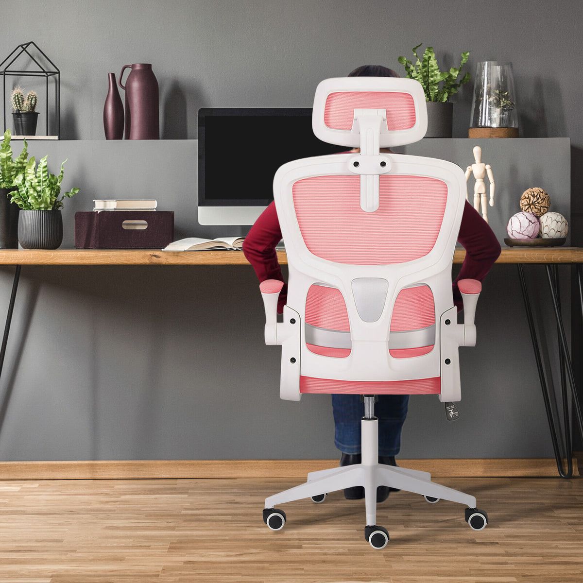 Work Office Chair - Lumber Support, Flip-up Armrest, Adjustable Headrest SITIO - Pink V274-FT-OC-2656A-WHPK