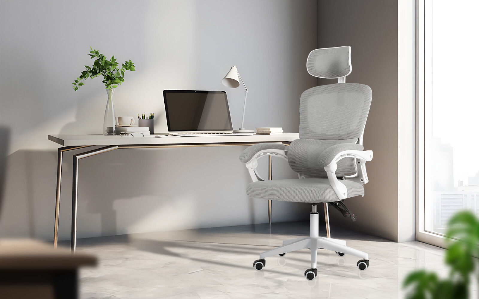 Ergonomic Reclining Office Chair - Lumbar Support, Adjustable Headrest VELTRA - GREY V274-FT-OC-2656B-WHGY