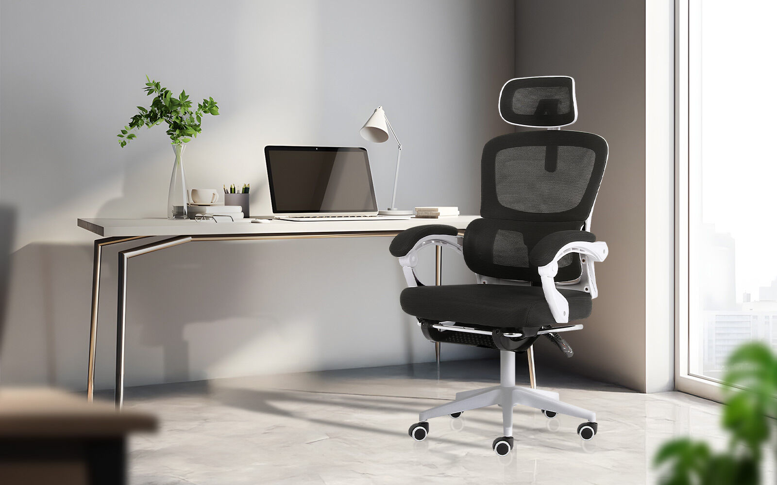 Ergonomic Reclining Office Chair - Footrest, Lumbar Support, Adjustable Headrest VELTRA - BLACK V274-FT-OC-2656BF-WHBK