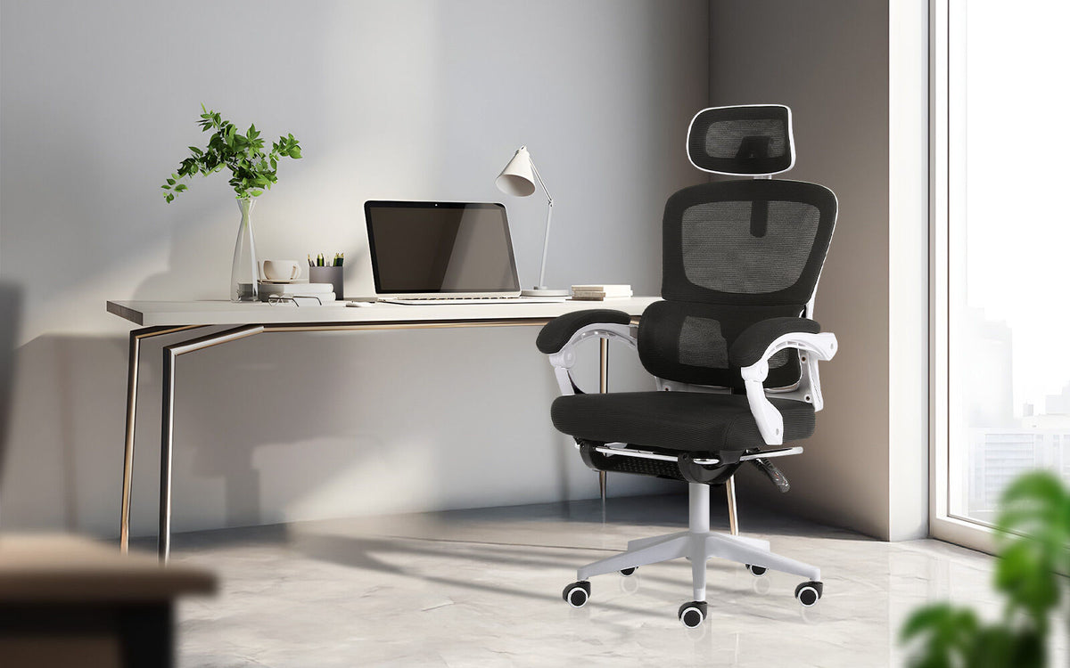 Ergonomic Reclining Office Chair - Footrest, Lumbar Support, Adjustable Headrest VELTRA - BLACK V274-FT-OC-2656BF-WHBK
