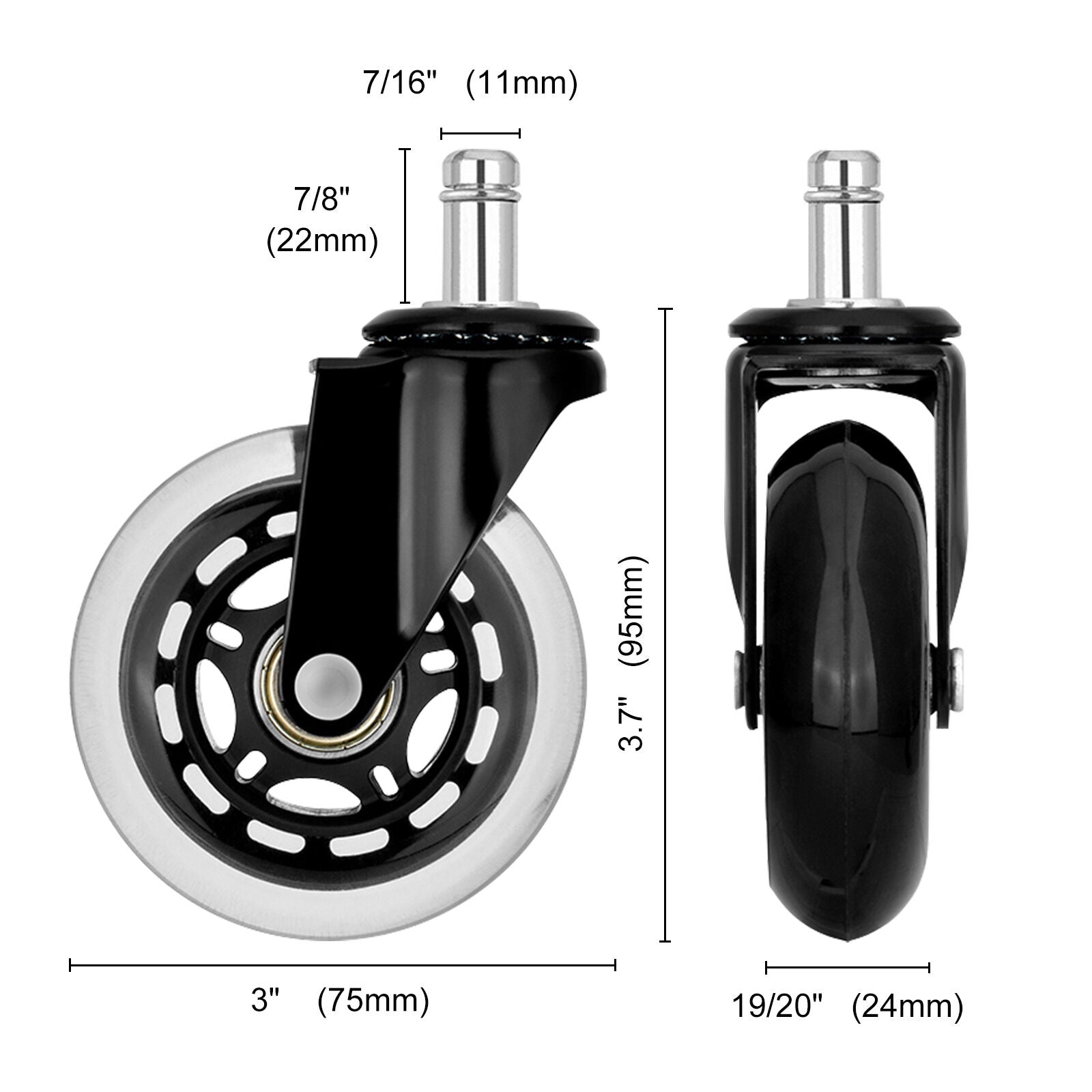 5X 3'' Rollerblade Style Wheels Office Chair Casters - Slient Smooth, 11x22mm Stem V274-FT-OCA-WH3-5PCS