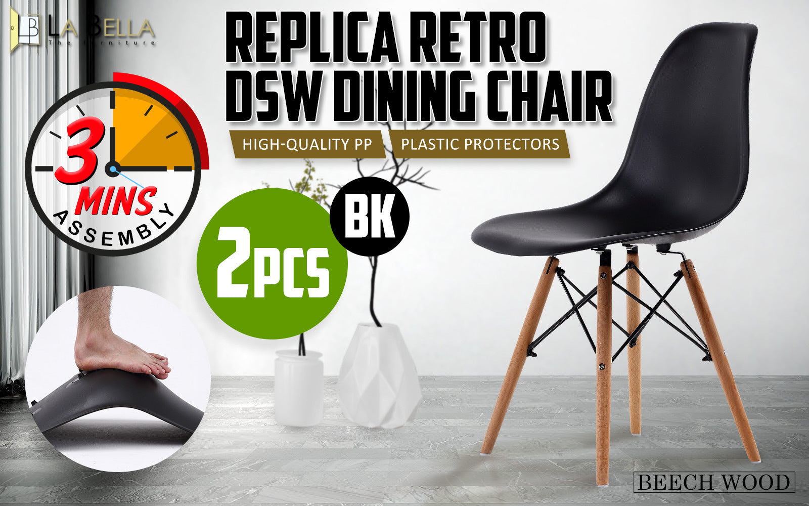 2X Retro Dining Cafe Chair DSW BLACK V274-FT-PP623-BK2