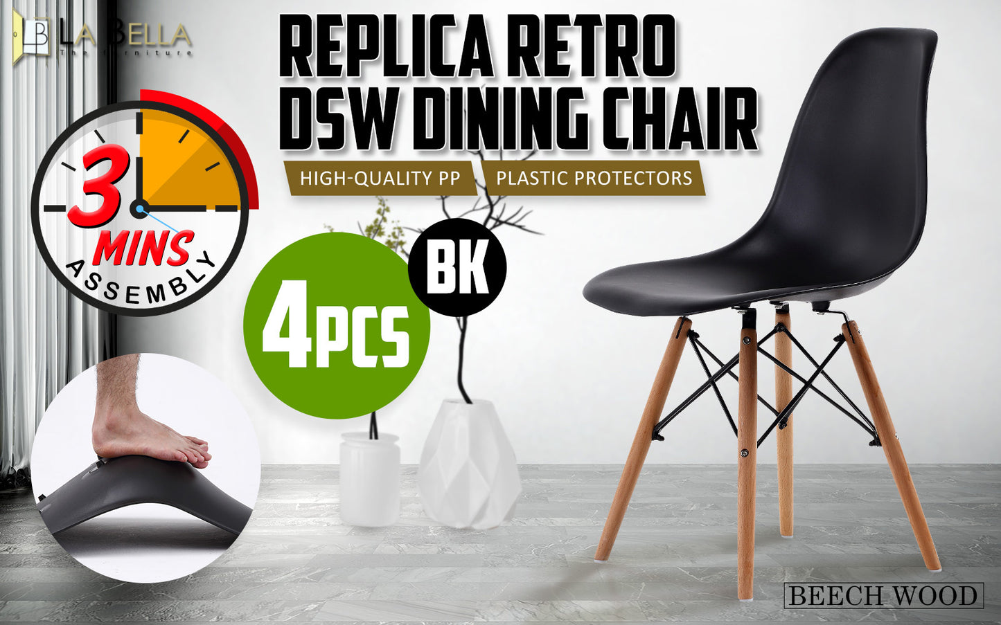 4X Retro Dining Cafe Chair DSW BLACK V274-FT-PP623-BK4