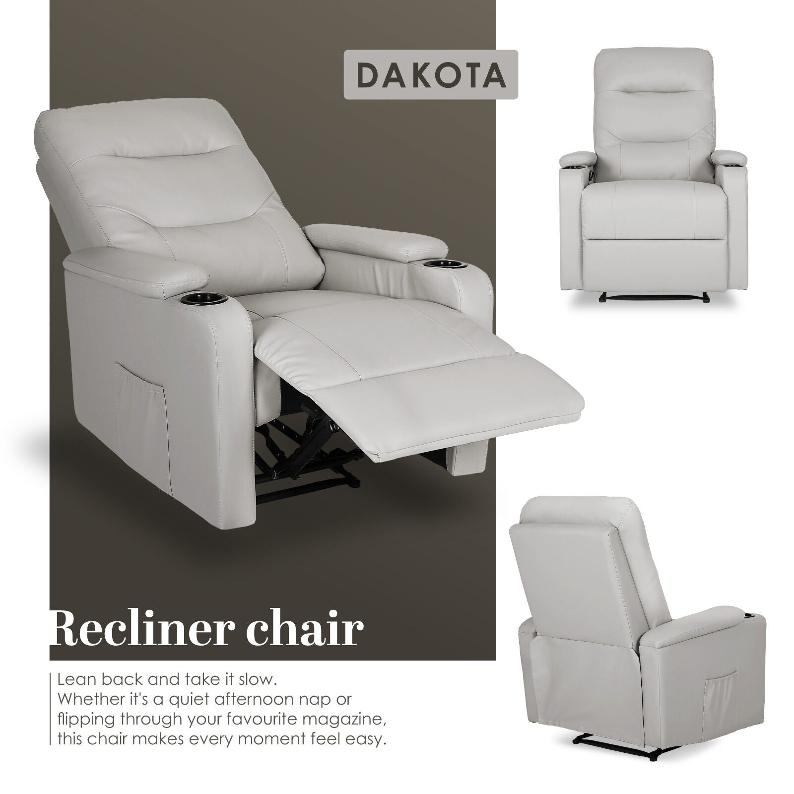 Home Recliner Chair - PU Leather Sofa Lounge Armchair DAKOTA GREY V274-FT-RC-6201PU-LGY
