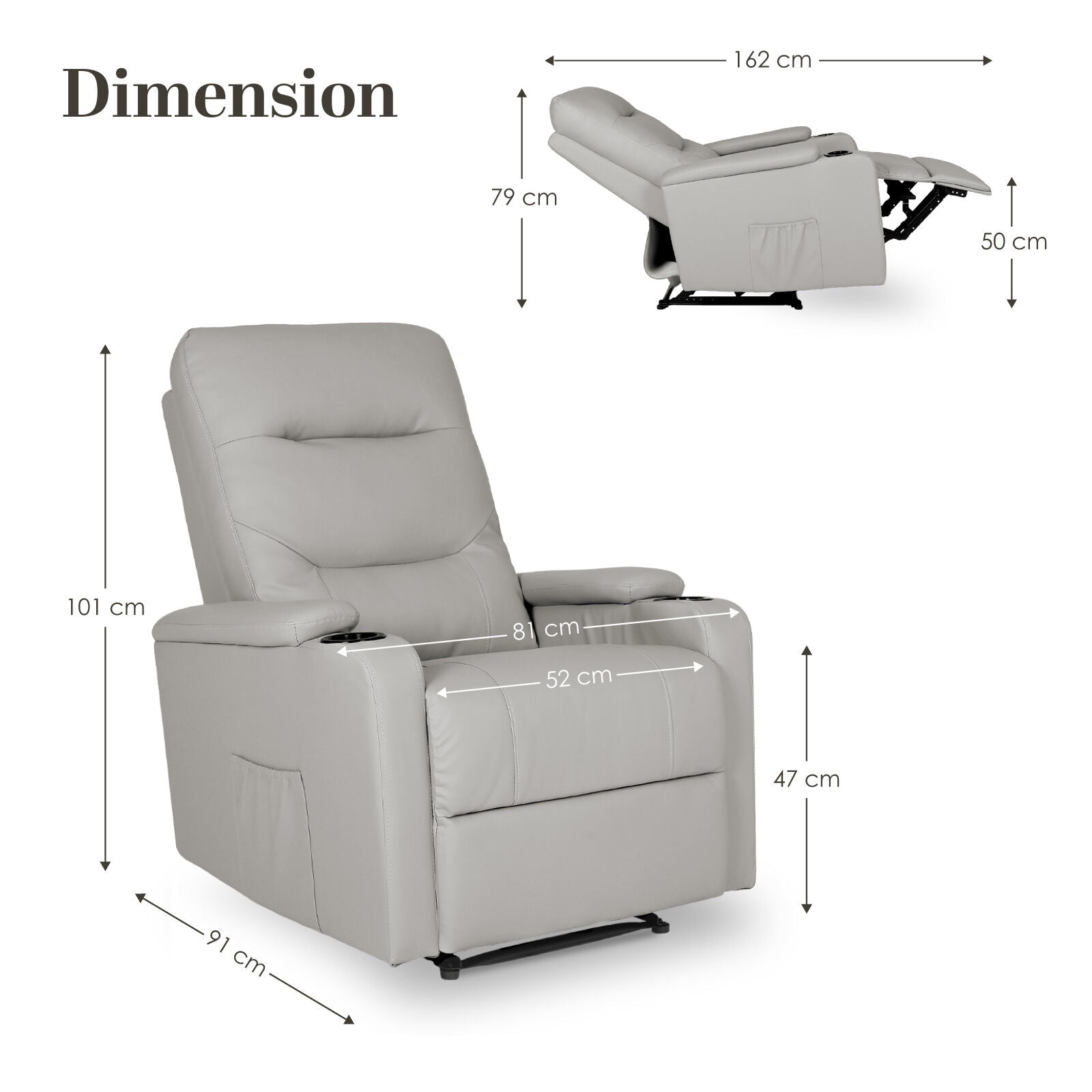 Home Recliner Chair - PU Leather Sofa Lounge Armchair DAKOTA GREY V274-FT-RC-6201PU-LGY