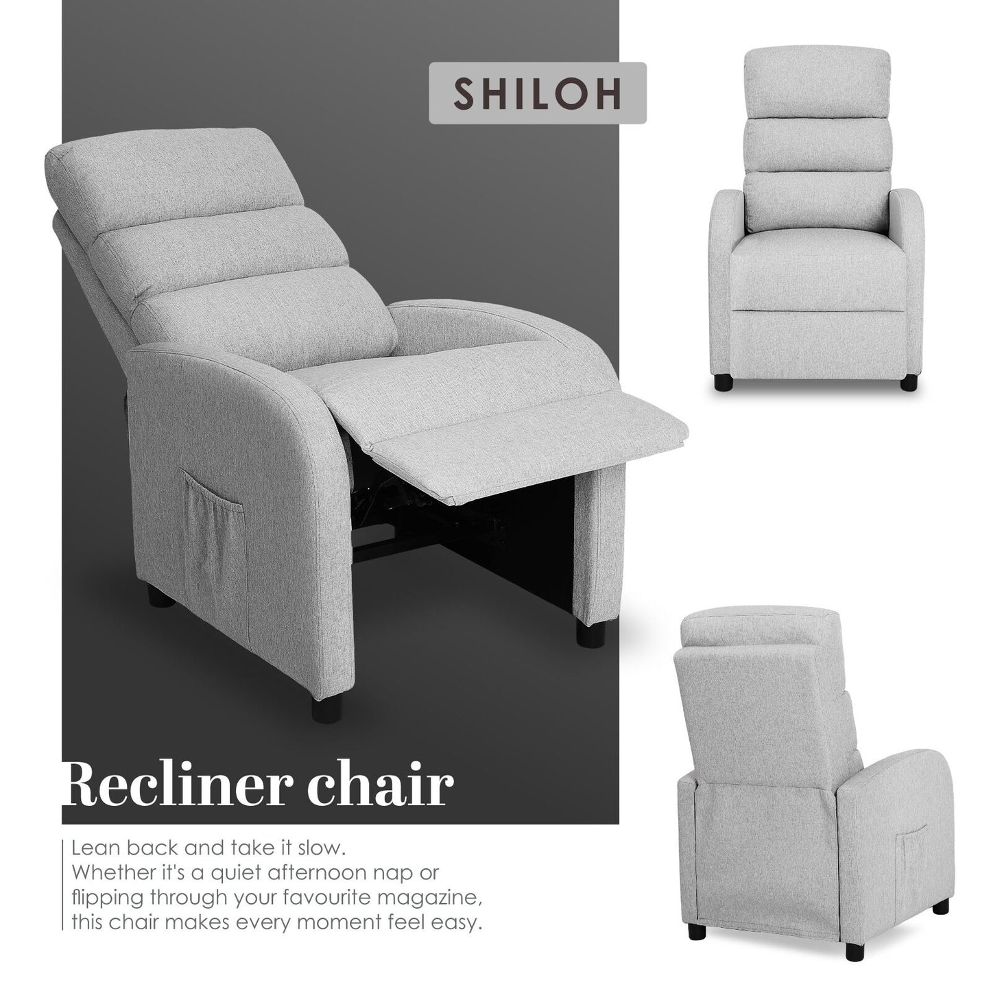 Home Recliner Chair - Linen Fabric Sofa Lounge Armchair SHILOH GREY V274-FT-RC-6501FA-GY