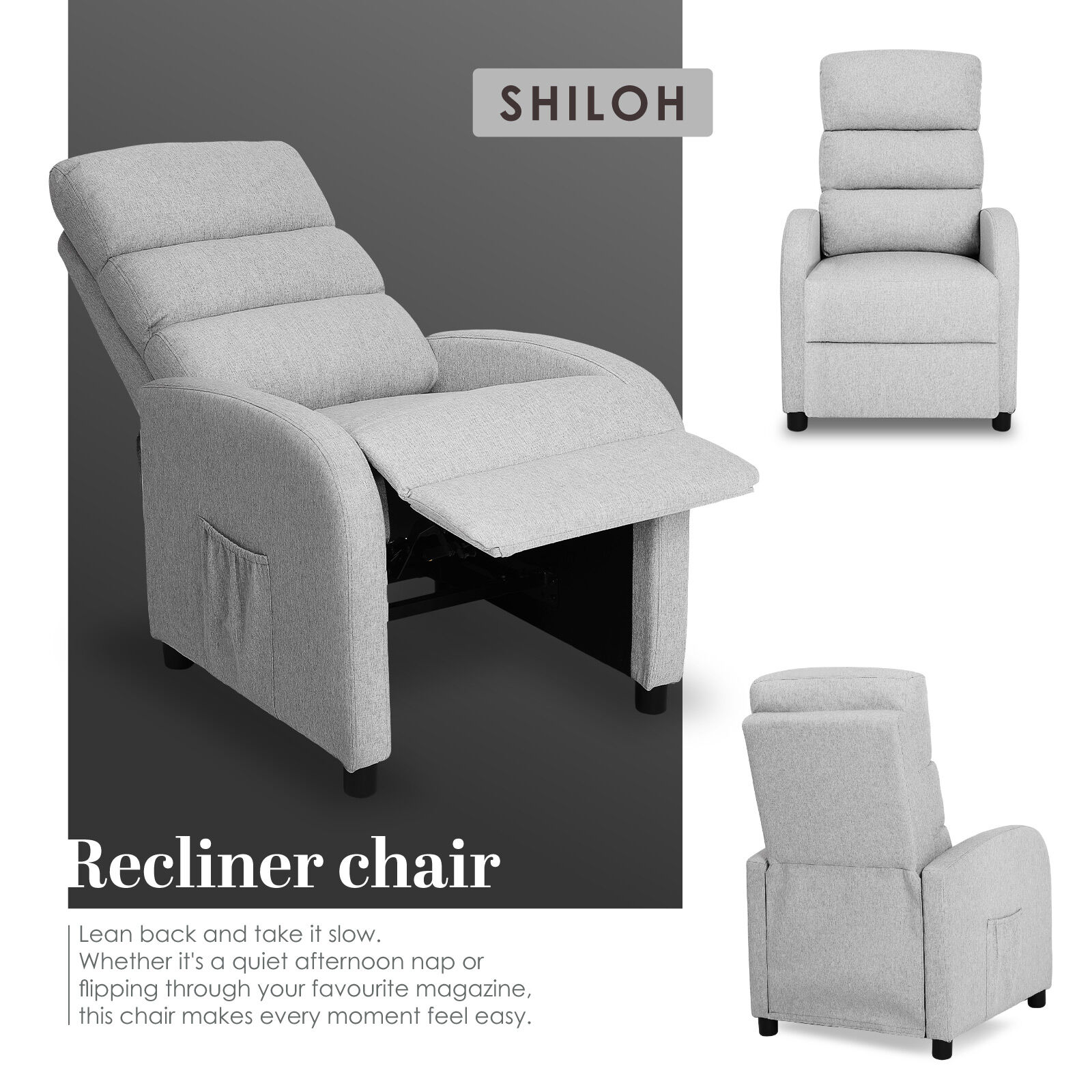 Home Recliner Chair - Linen Fabric Sofa Lounge Armchair SHILOH GREY V274-FT-RC-6501FA-GY